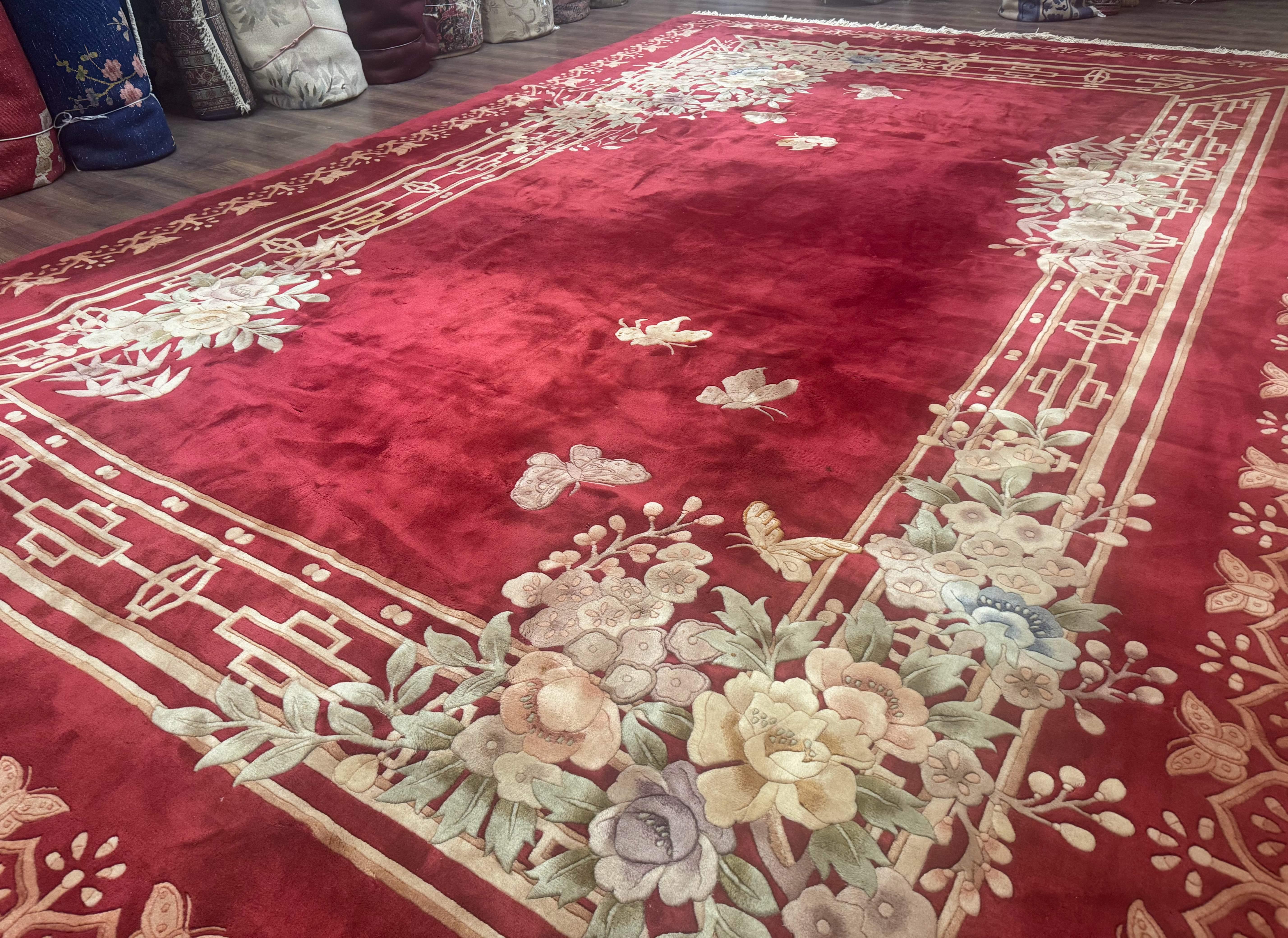 Palace Size Chinese Wool Rug 12x18, Red Art Deco Chinese Carving Carpet, Butterflies Flowers - Jewel Rugs