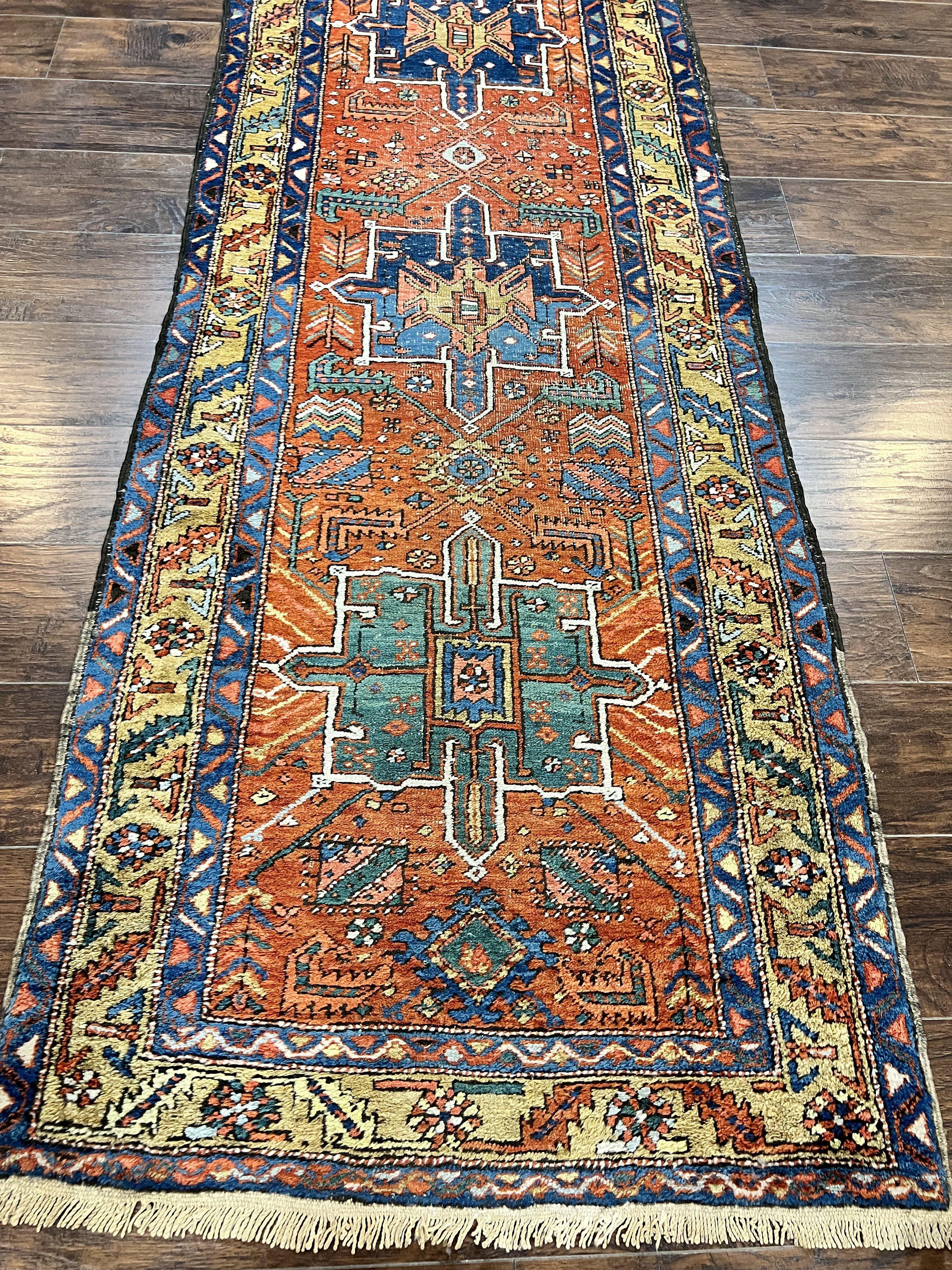 Colorful Persian Karajeh Runner Rug 3 x 10.7, Geometric Heriz Design, Antique Oriental Rug for Hallway, Orange-Red Blue, Handmade Tribal Runner - Jewel Rugs