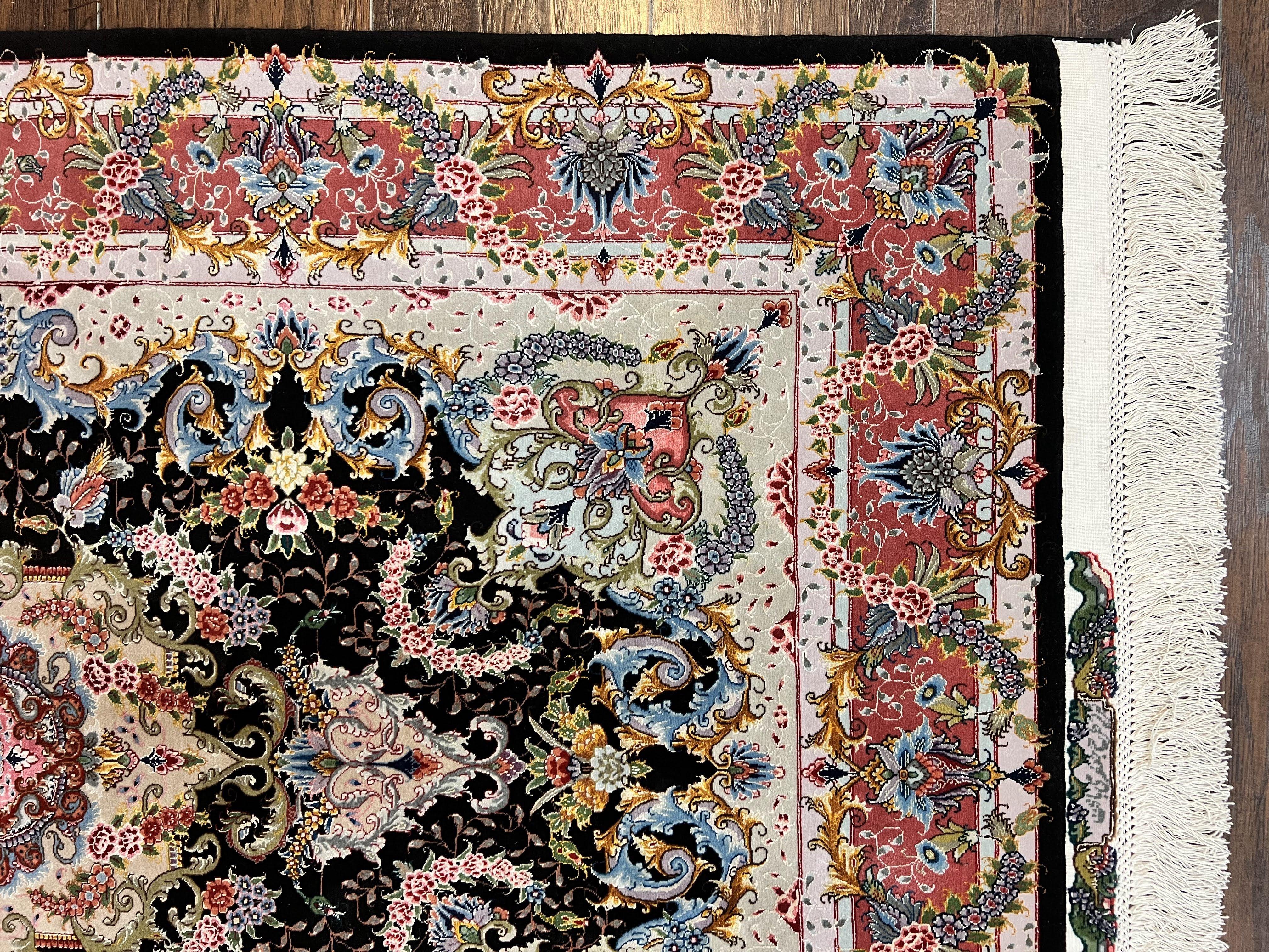 Wonderful 3x5 Persian Tabriz Rug, 650 KPSI, Kork Wool on Silk Foundation, Hand Knotted, Black and Red, Signed by Master Weaver, Floral Medallion - Jewel Rugs
