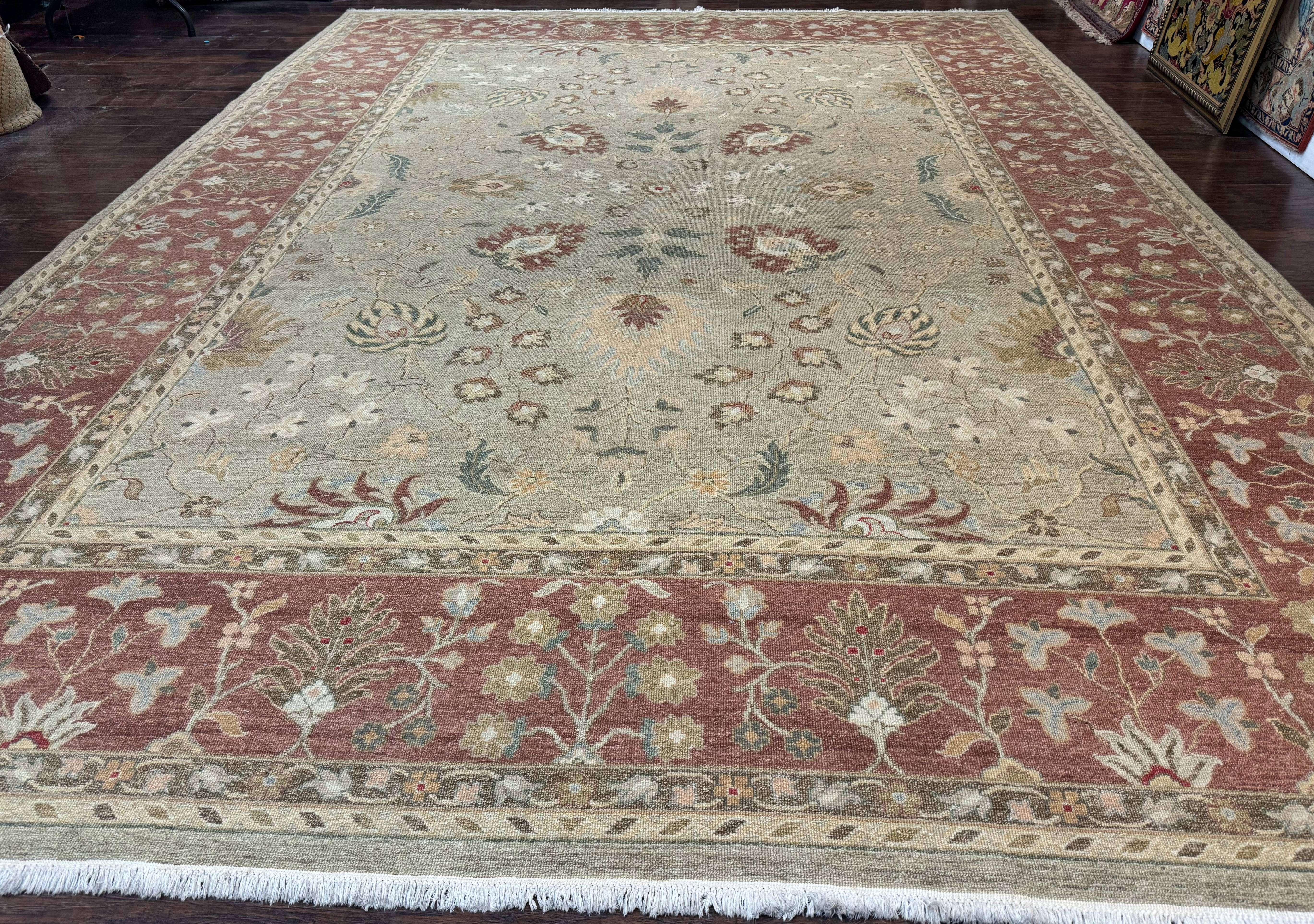 Large Turkish Soumak Rug 10x14, Flatweave Dhurrie, Handmade, Light Green and Salmon - Jewel Rugs