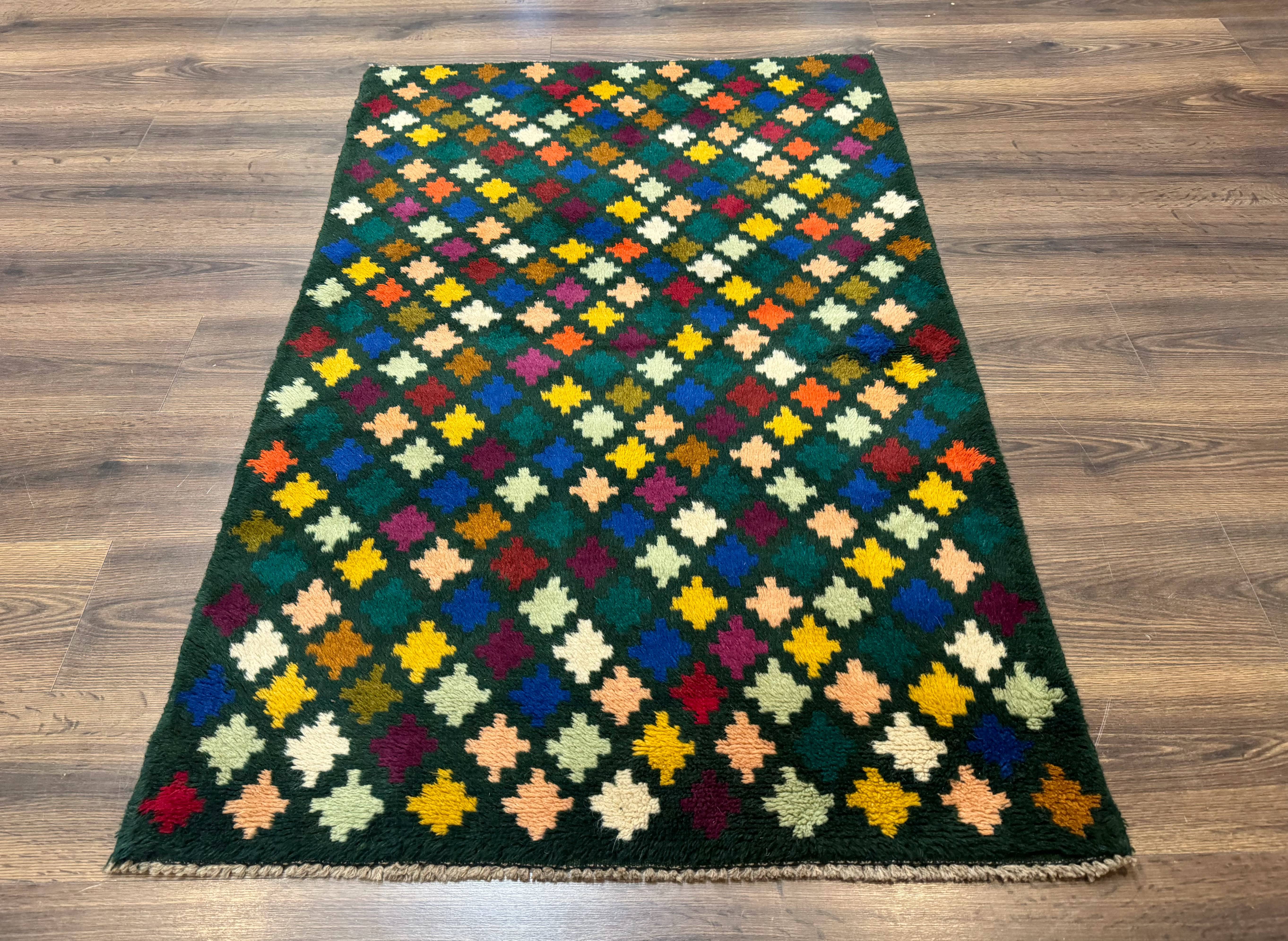 Afghan Balouch Rug 3x5, Dark Green and Multicolor, Wool, Handmade - Jewel Rugs