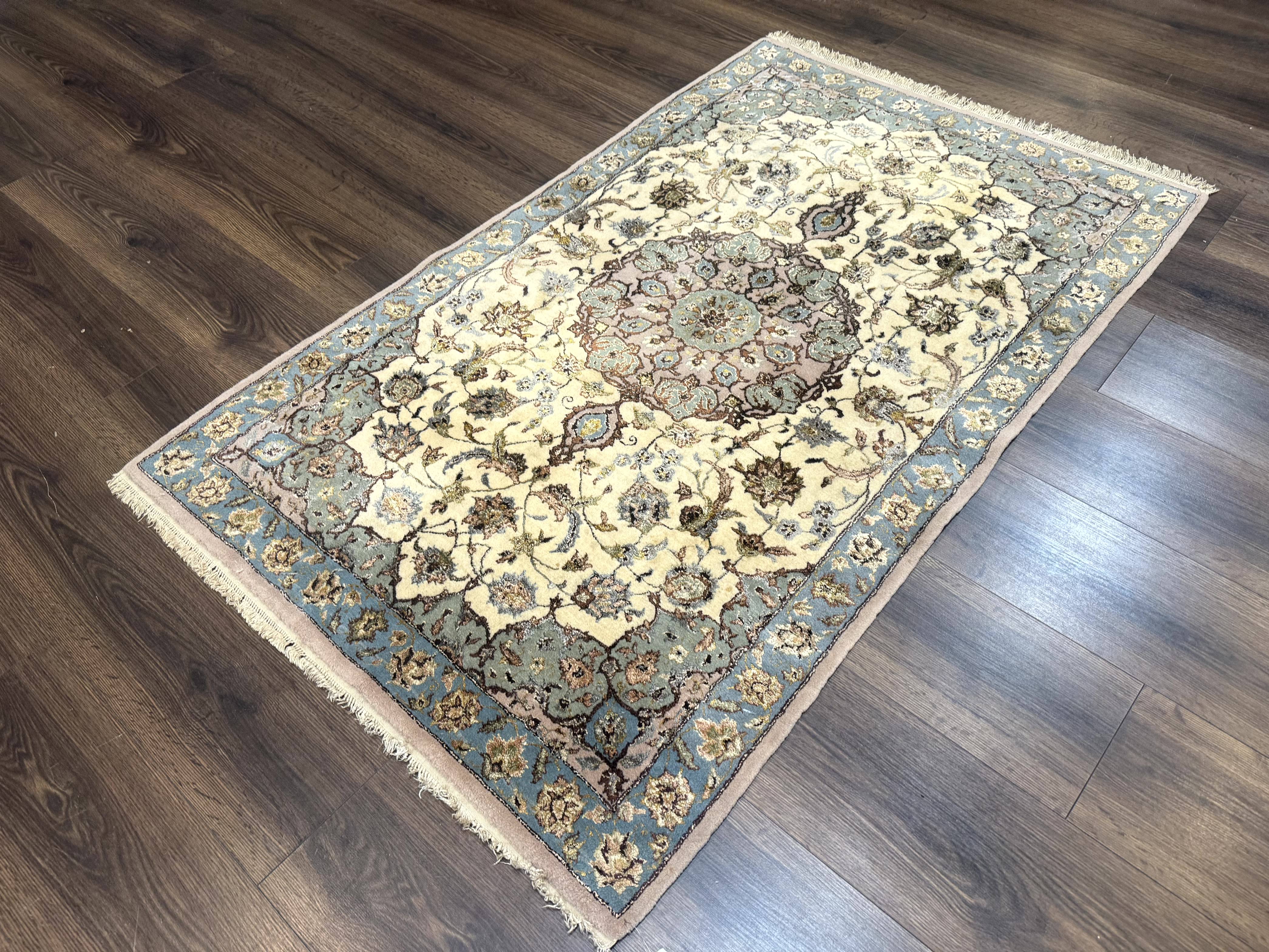 Persian Isfahan Rug 3x5, Fine 310 KPSI, Kork Wool Silk Foundation, Cream & Light Green - Jewel Rugs