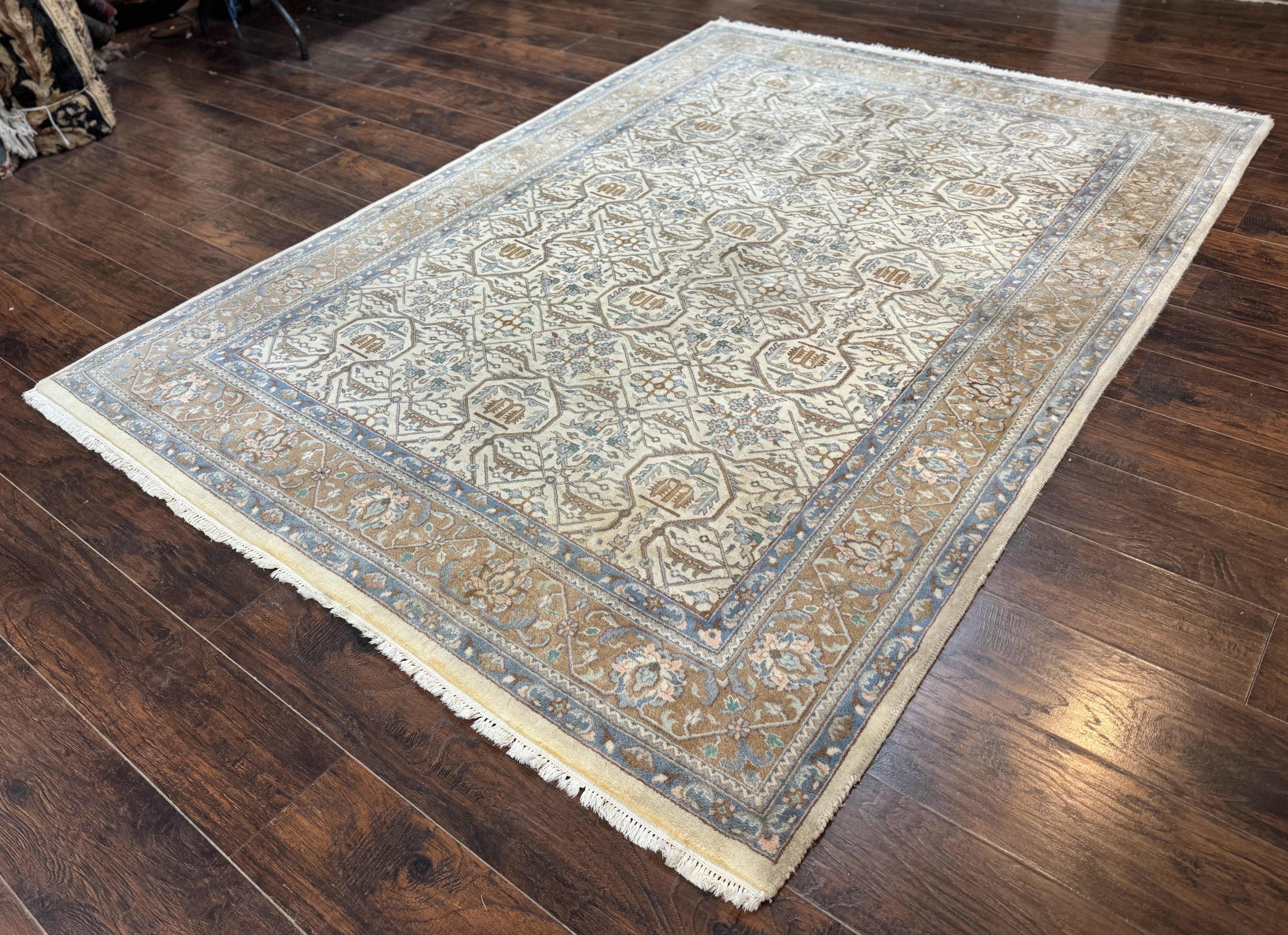 Indo Persian Rug 6x9, Beige, Allover Pattern, Vintage Wool Oriental Carpet - Jewel Rugs