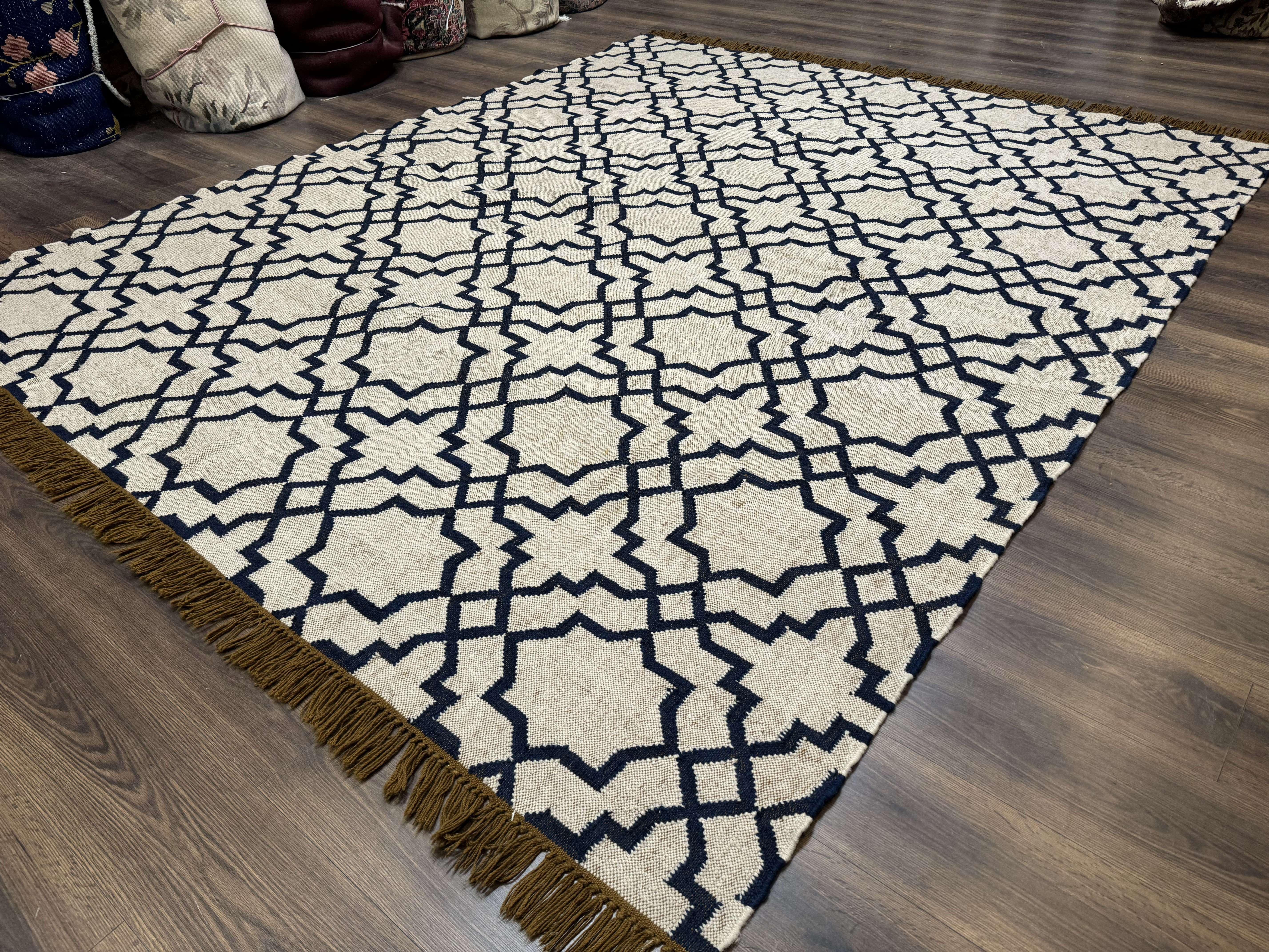 Indian Kilim Rug 8x10, Oat and Navy Blue, Dhurrie Carpet, Handmade, Wool - Jewel Rugs