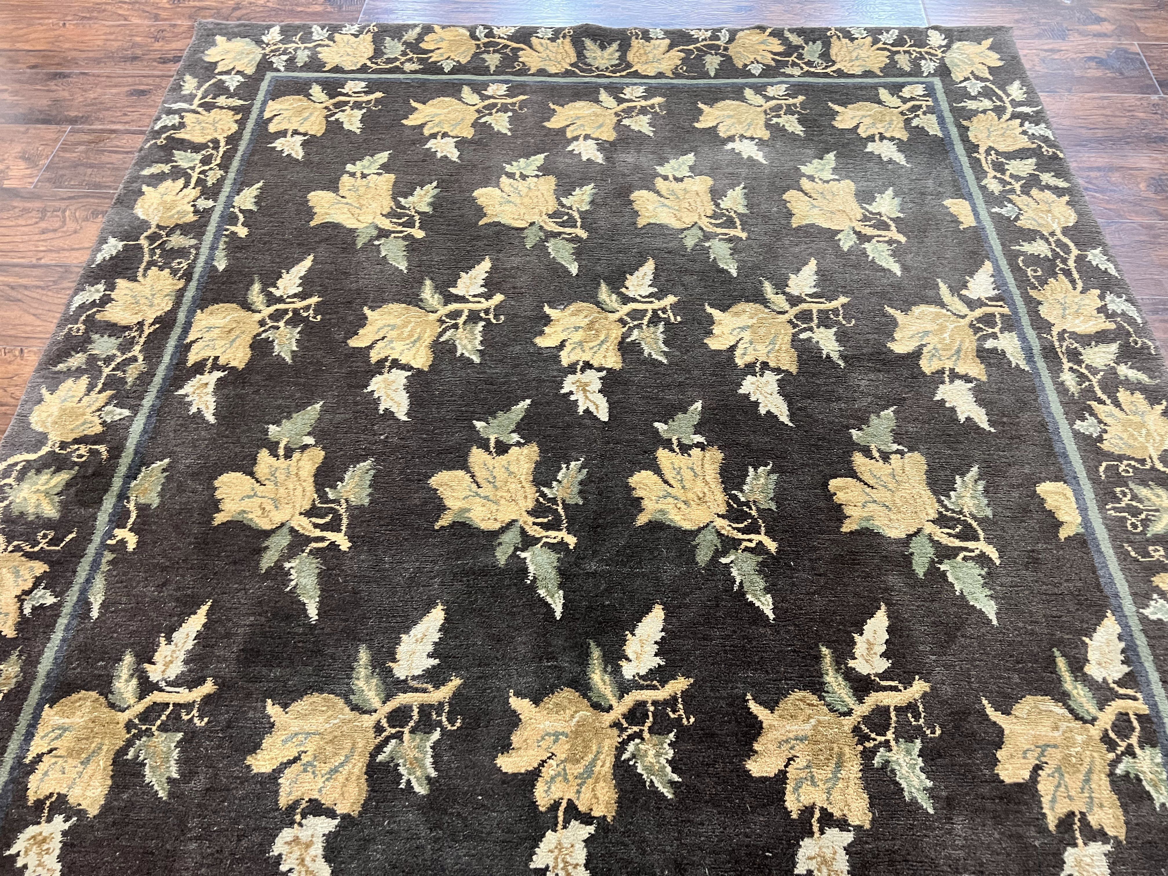 Tibetan Nepal Rug 6x9, Wool Hand Knotted Vintage Carpet 6 x 9, Dark Green & Golden Yellow, Floral Bouquets - Jewel Rugs