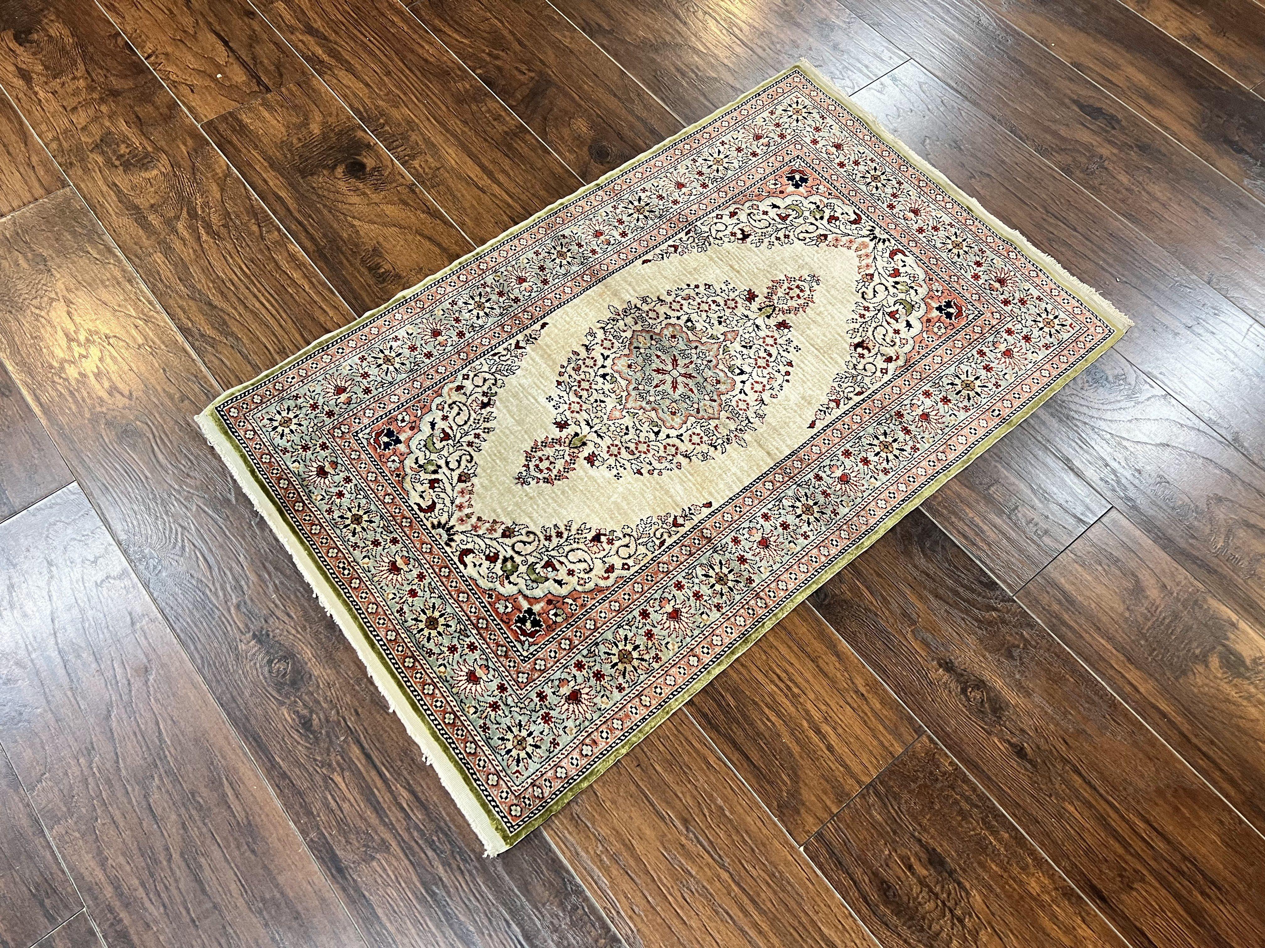 Silk Turkish Kayseri Rug 2x3, Very Finely Hand Knotted, Semi Open Field, Vintage, Silk Pile on Silk Foundation, 300 KPSI - Jewel Rugs