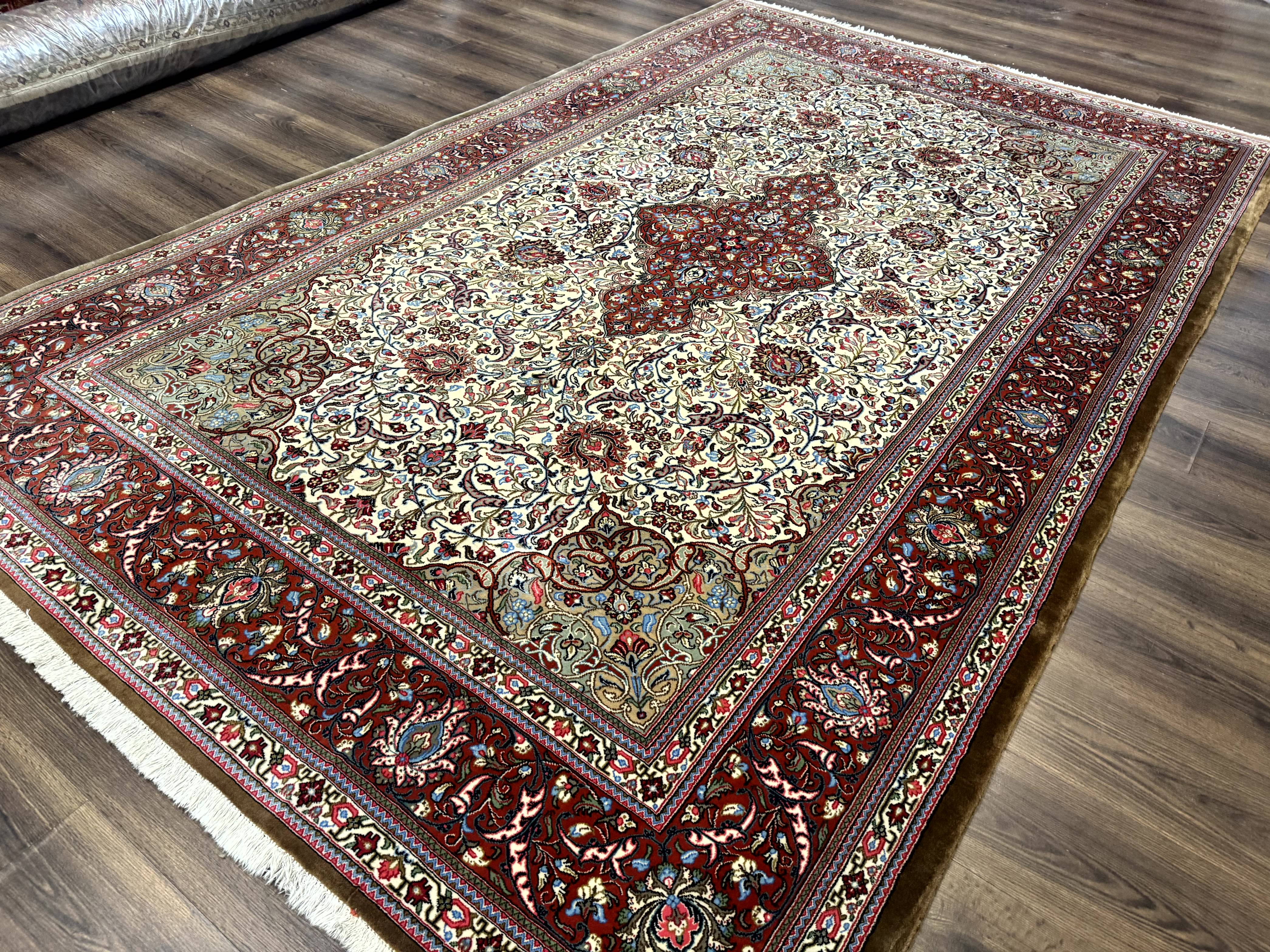 Persian Qum Rug 7x11, Beige and Red, Highly Detailed Floral Pattern, Fine 260 KPSI - Jewel Rugs