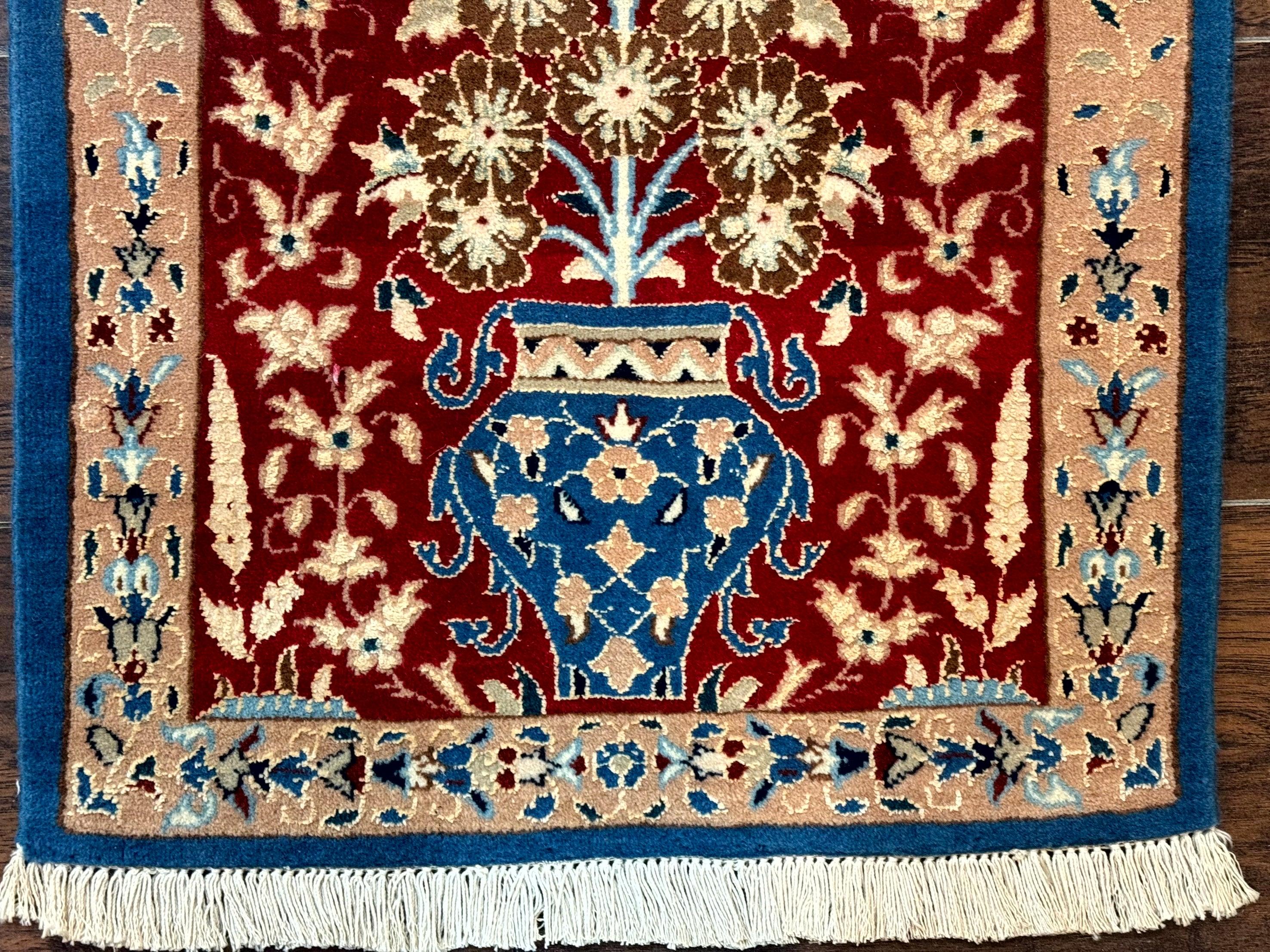 Small Persian Nain Rug, Persian Vase Tree of Life Design, Red and Blue, Very Fine 260 KPSI, Wool and Silk Highlights - Jewel Rugs