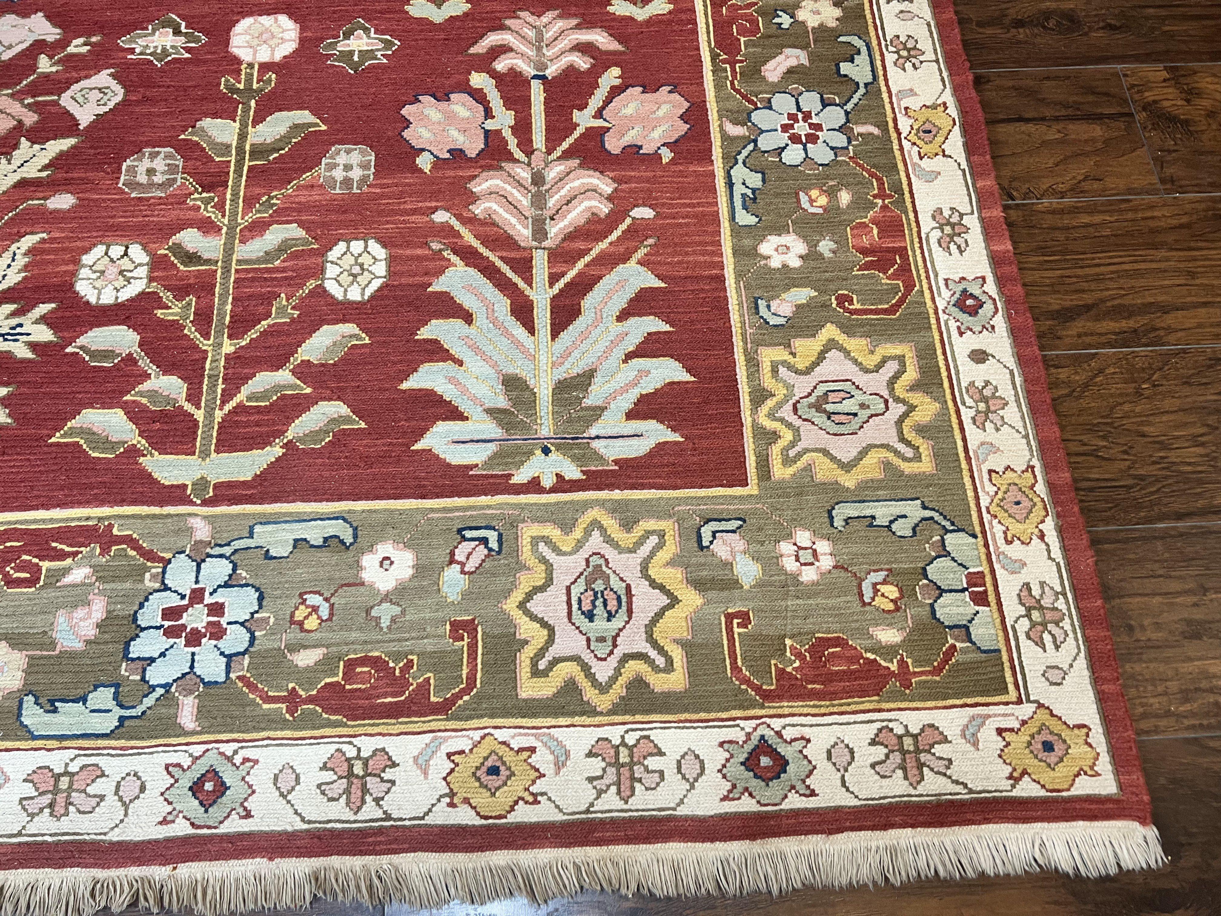 Indian Rug 10x14, Wool Hand Knotted Flatweave Carpet, Tree of Life, Red and Green - Jewel Rugs