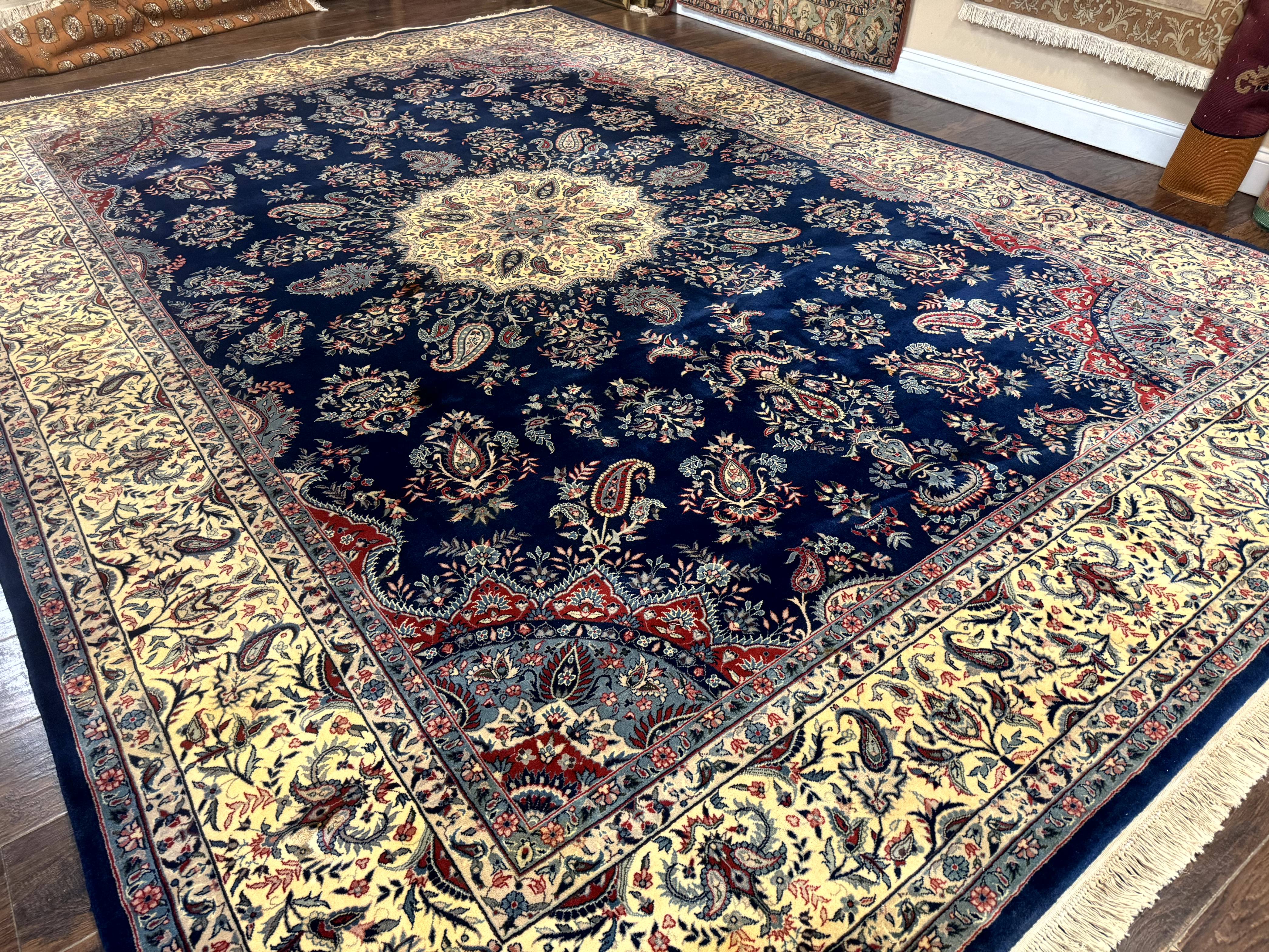 Sino Persian Kerman Rug 10x14, Blue and Beige, Floral Medallion, Fine 240 KPSI - Jewel Rugs