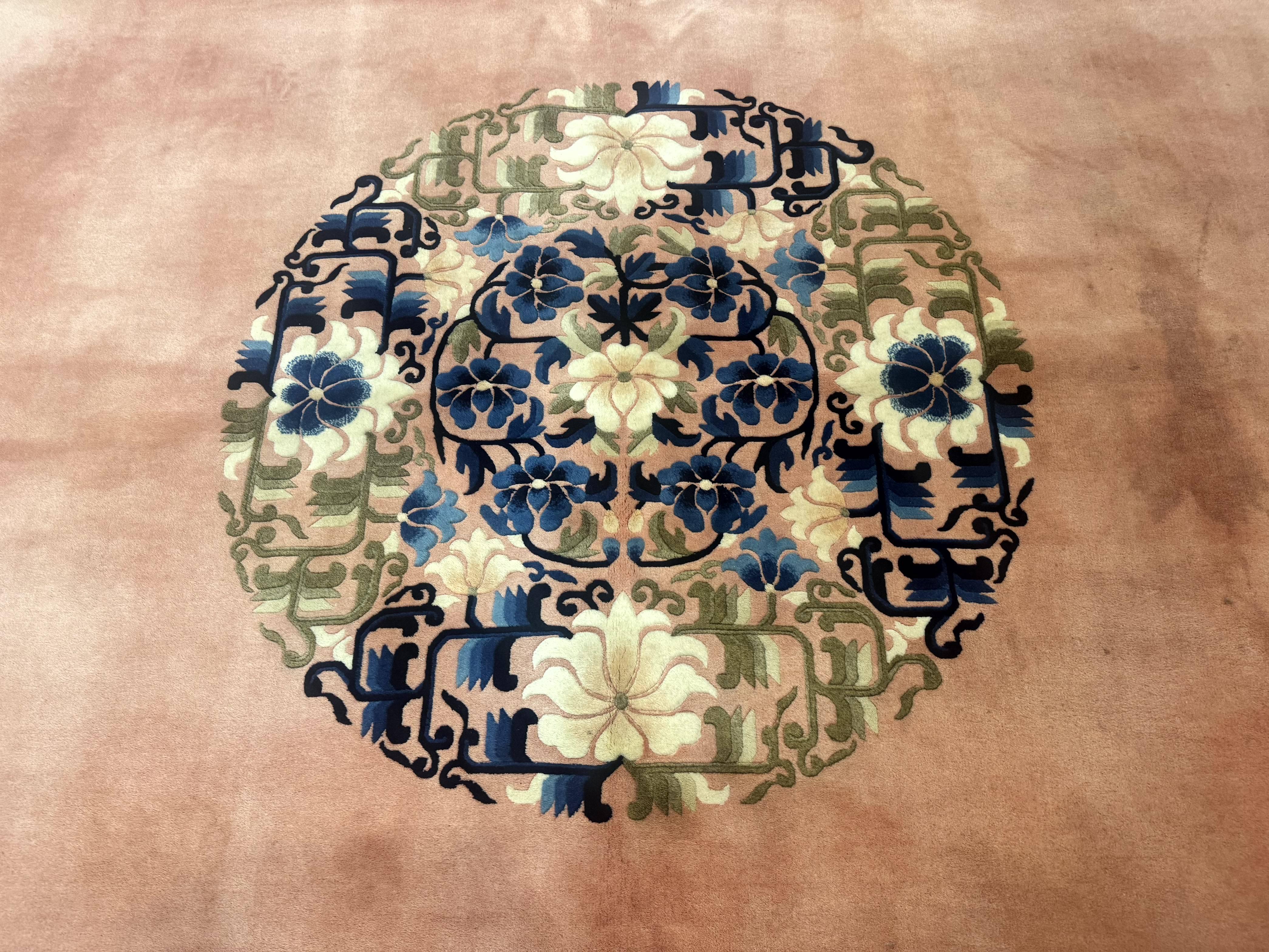 Chinese Wool Rug 11x18, Palace Sized Chinese Carpet, Peking Rug, Peach and Blue, Open Field, Simple Design, Art Deco Rug, Large Handmade Rug - Jewel Rugs