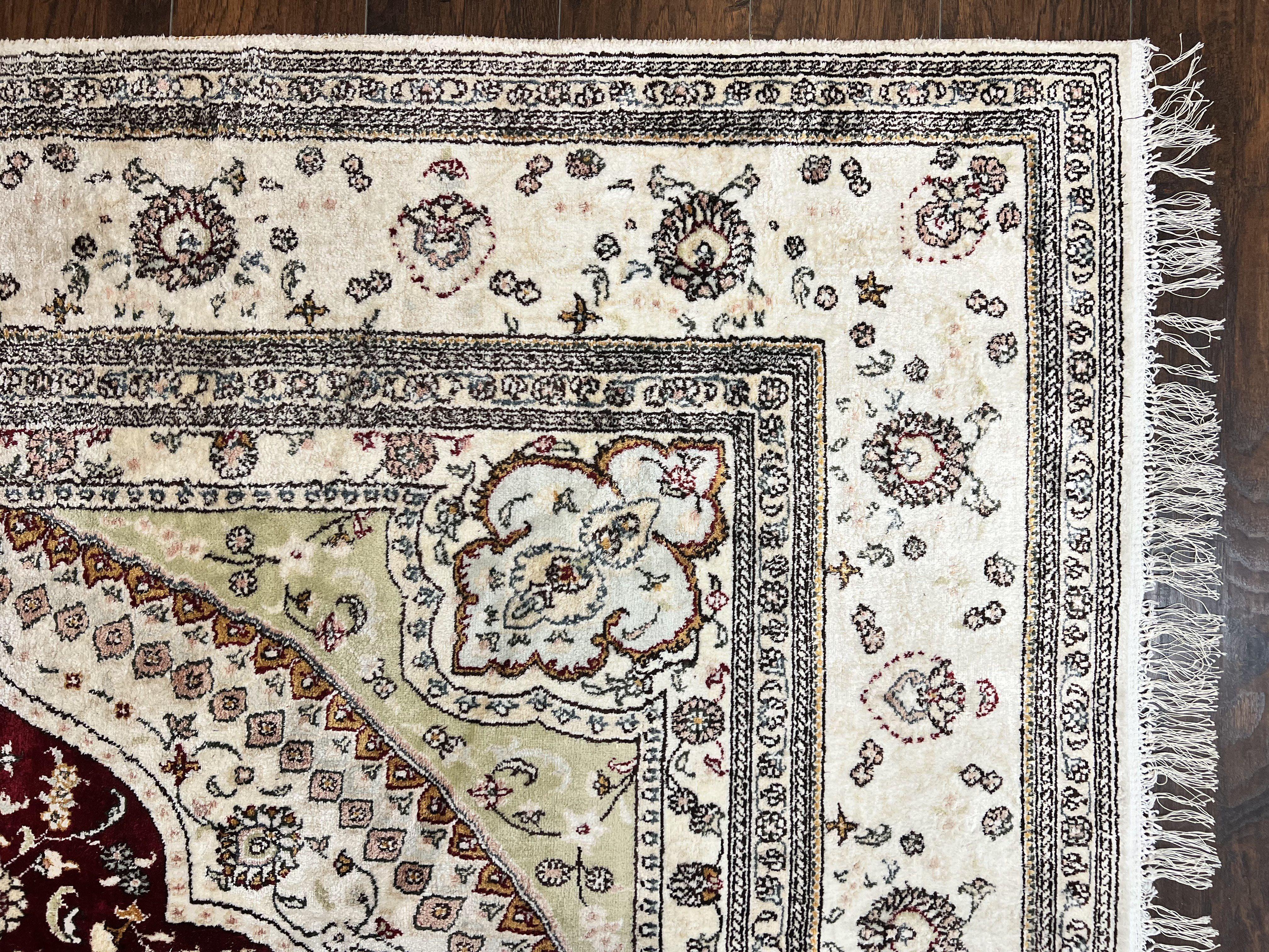 Silk Indian Kashmiri Rug 9x12, Room Sized Silk Carpet, Floral Medallion, Very Fine, Masterpiece Rug, Silk Oriental Rug, Dark Red & Cream Rug - Jewel Rugs