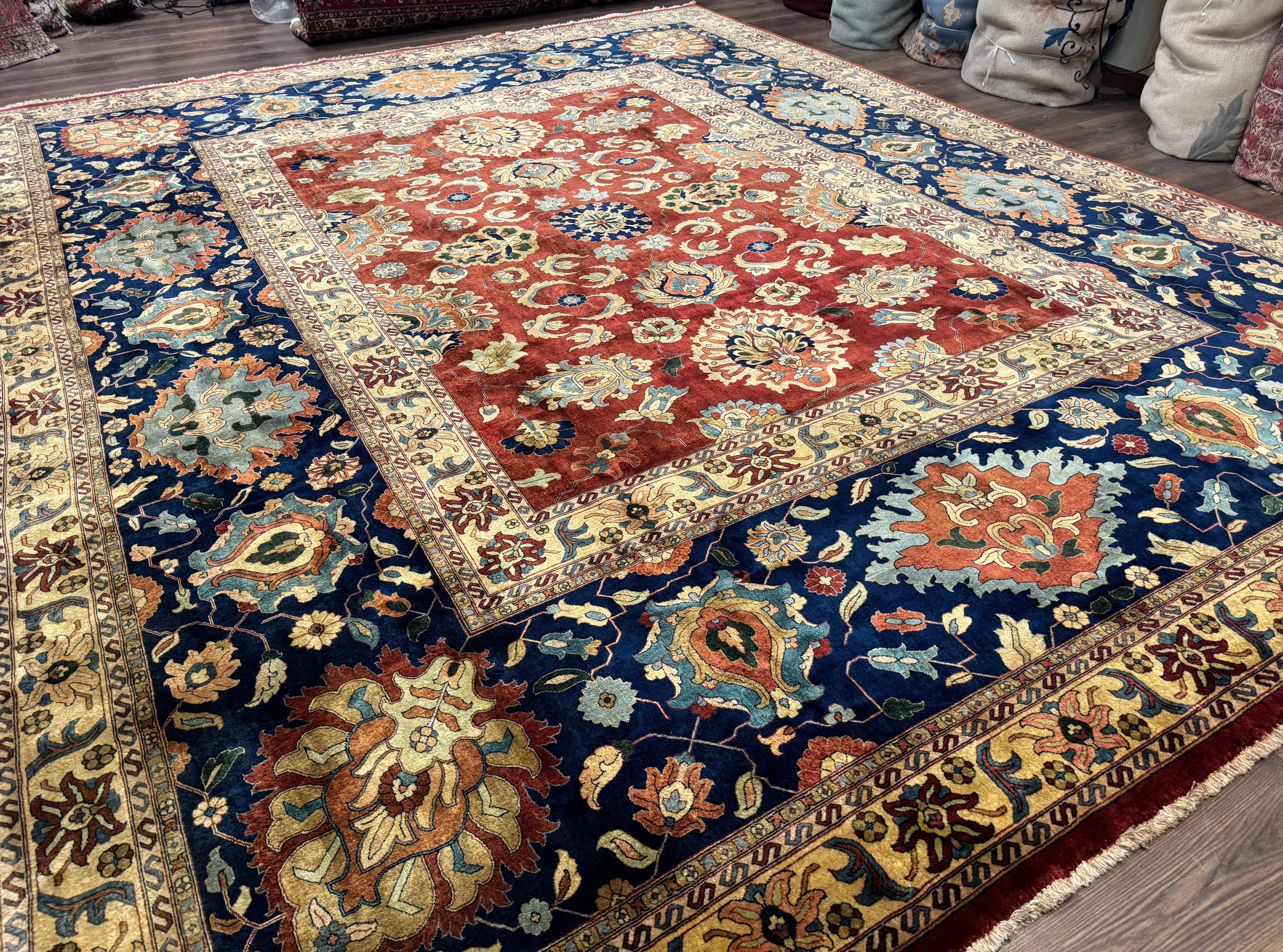 Palace Size Indo Persian Rug 12x15, Sultanabad Mahal Carpet, Red Navy Blue, Fine 210 KPSI - Jewel Rugs
