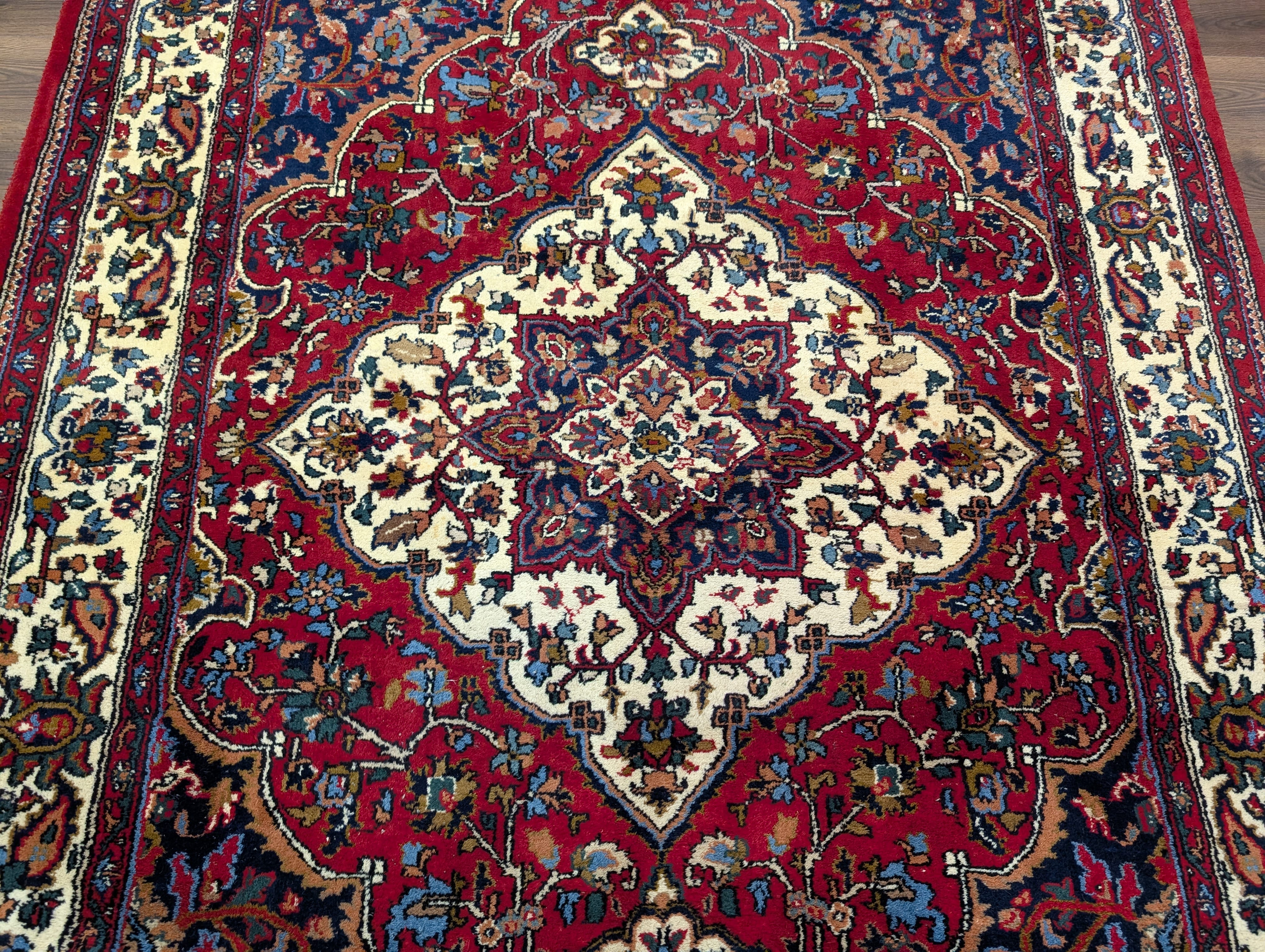 Indo Persian Rug 7x10, Floral Medallion Hand-Knotted Wool Carpet, Red Ivory Navy - Jewel Rugs