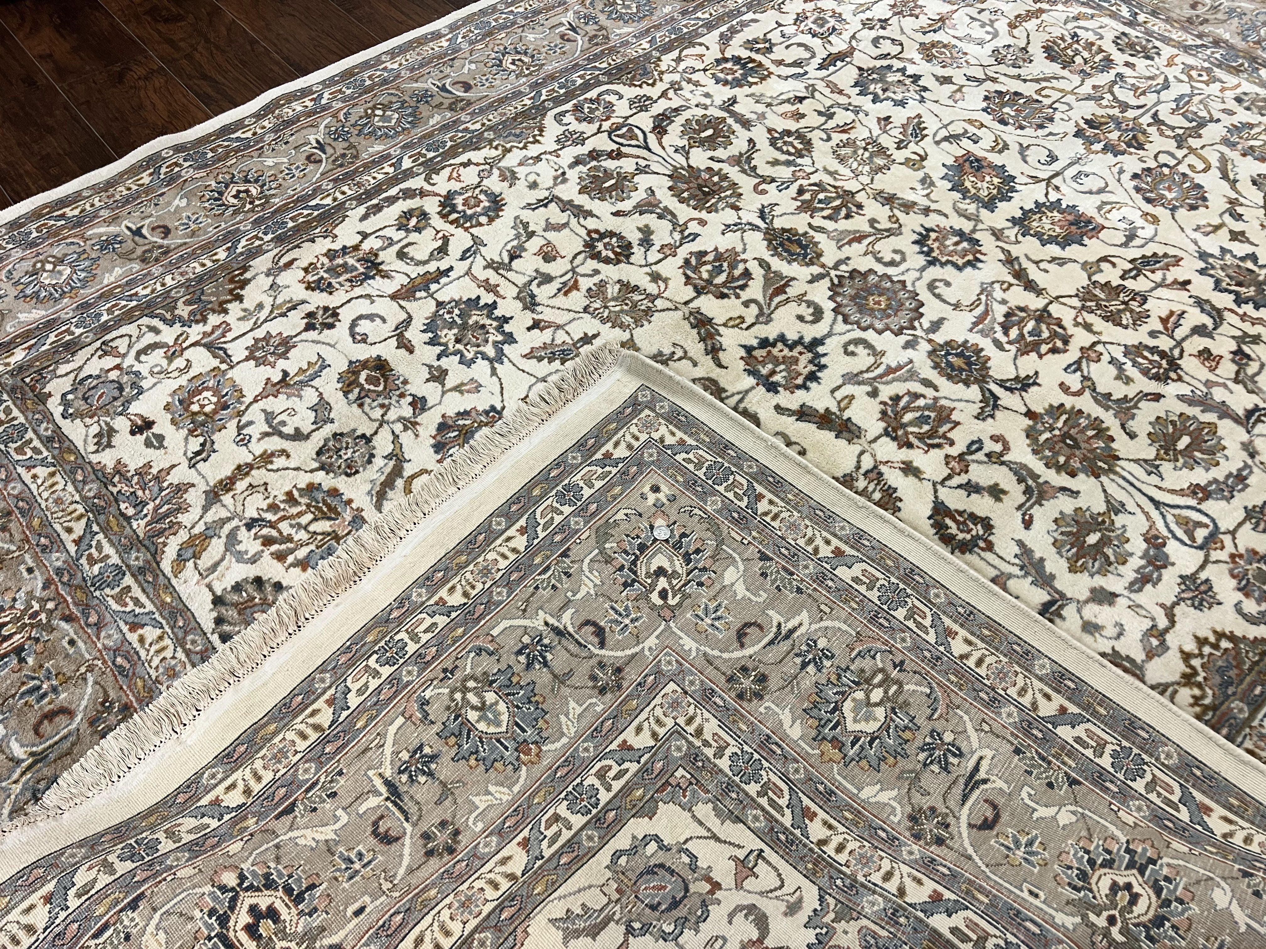 Indo Persian Rug 8x10, Floral Allover, Ivory and Gray, Handmade Vintage Wool Carpet - Jewel Rugs