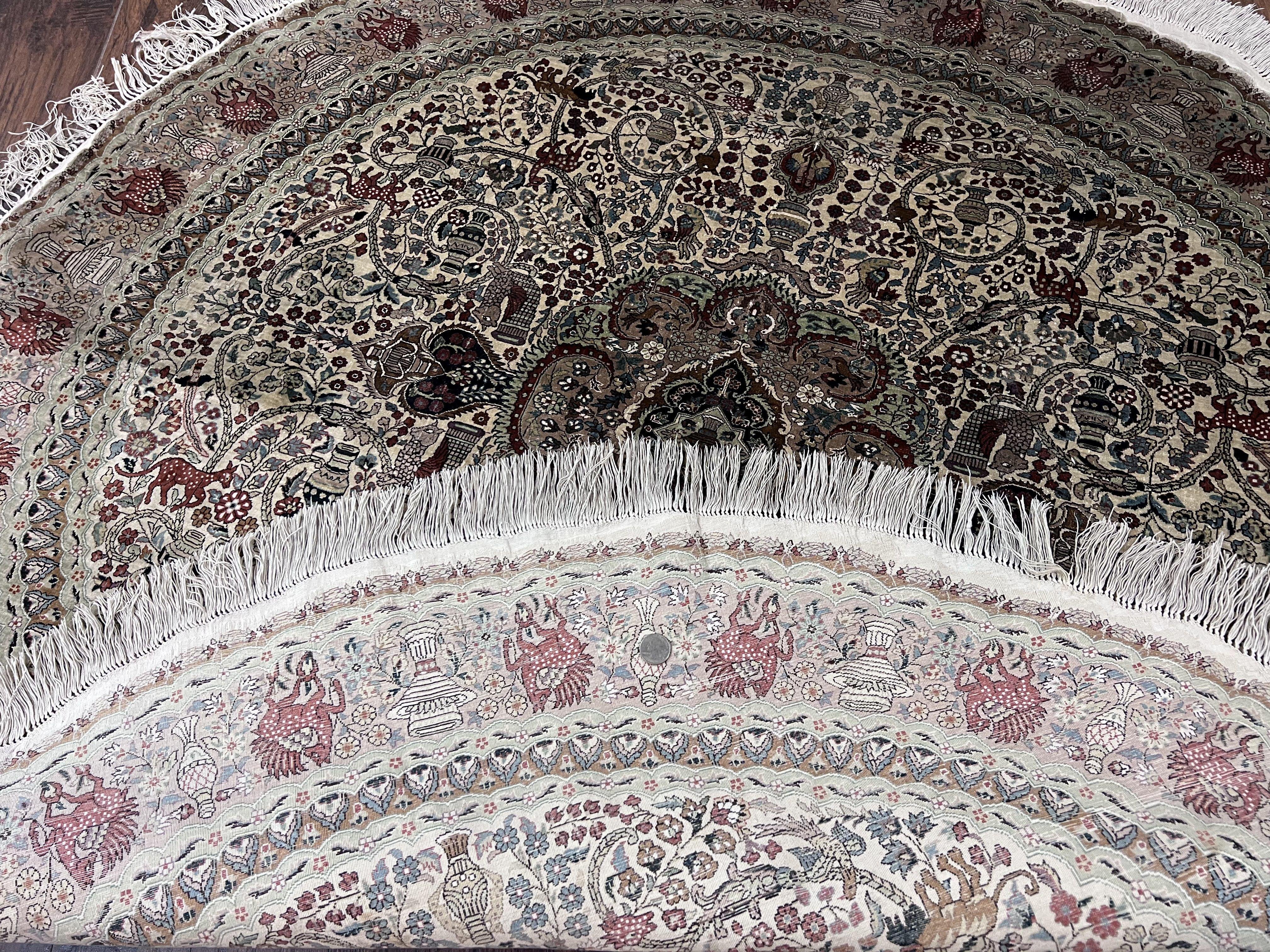 Silk Round Sino Persian Rug 5x5, Super Fine 650 KPSI, All Silk Vintage Handmade Round Carpet, Animal Pictorials, Floral Medallion Cream, Wow - Jewel Rugs