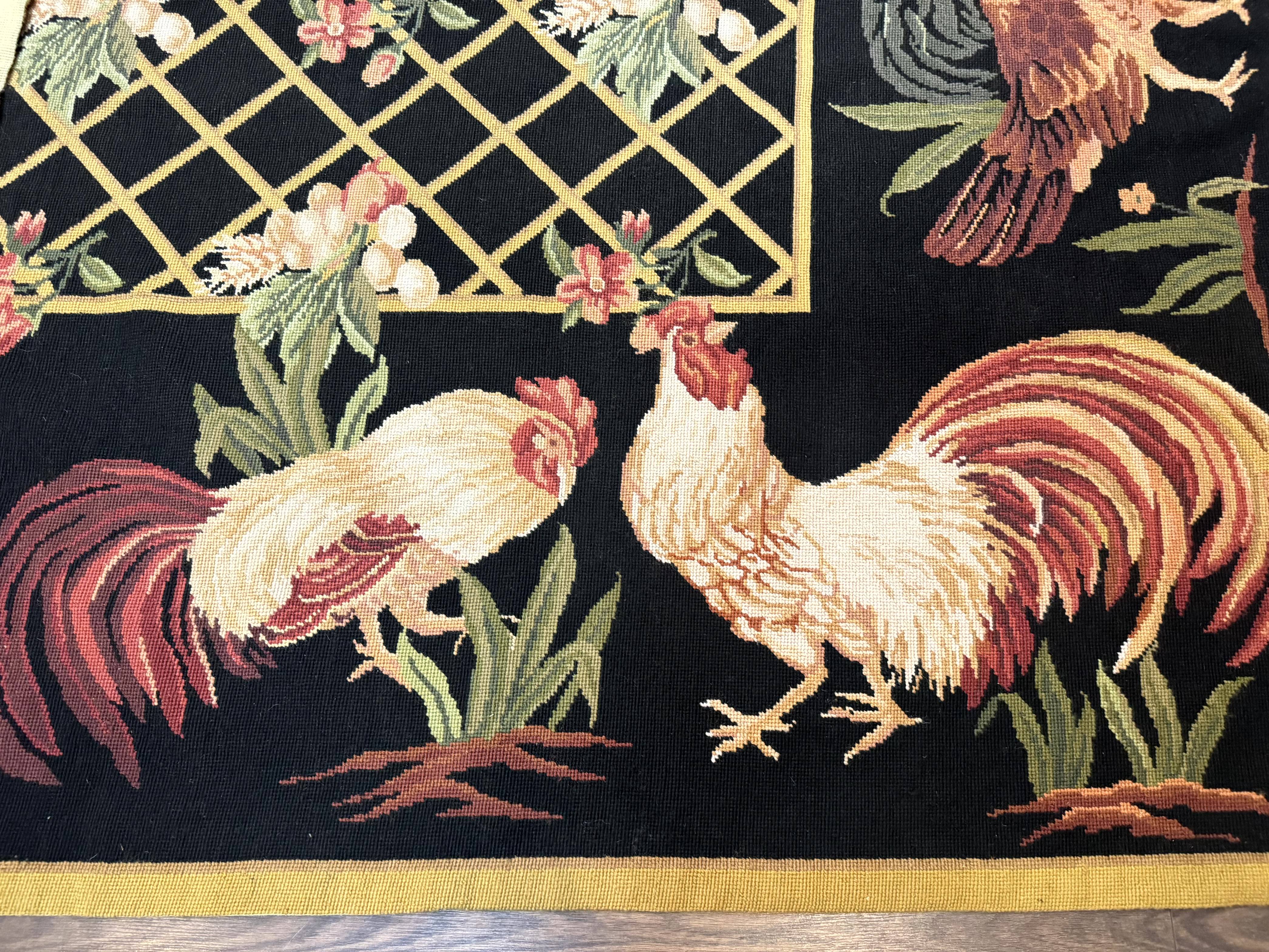 Black Needlepoint Rug 8x10, Roosters Floral Unique Needlepoint Carpet - Jewel Rugs