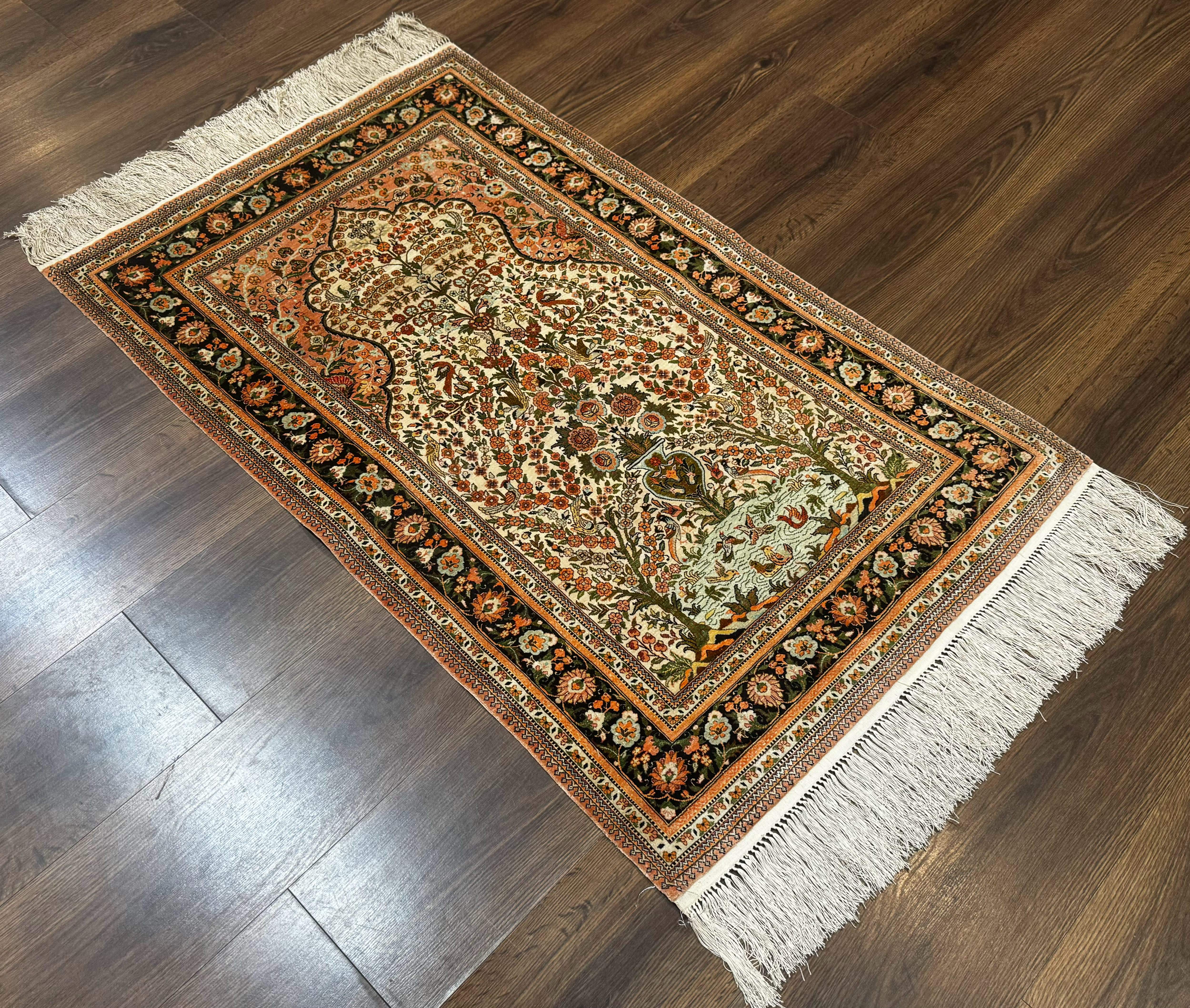 Exceptional Silk Rug 2.6 x 4, Very Fine 630 KPSI, Persian Vase Tree of Life Bird Pictorials, Handmade - Jewel Rugs