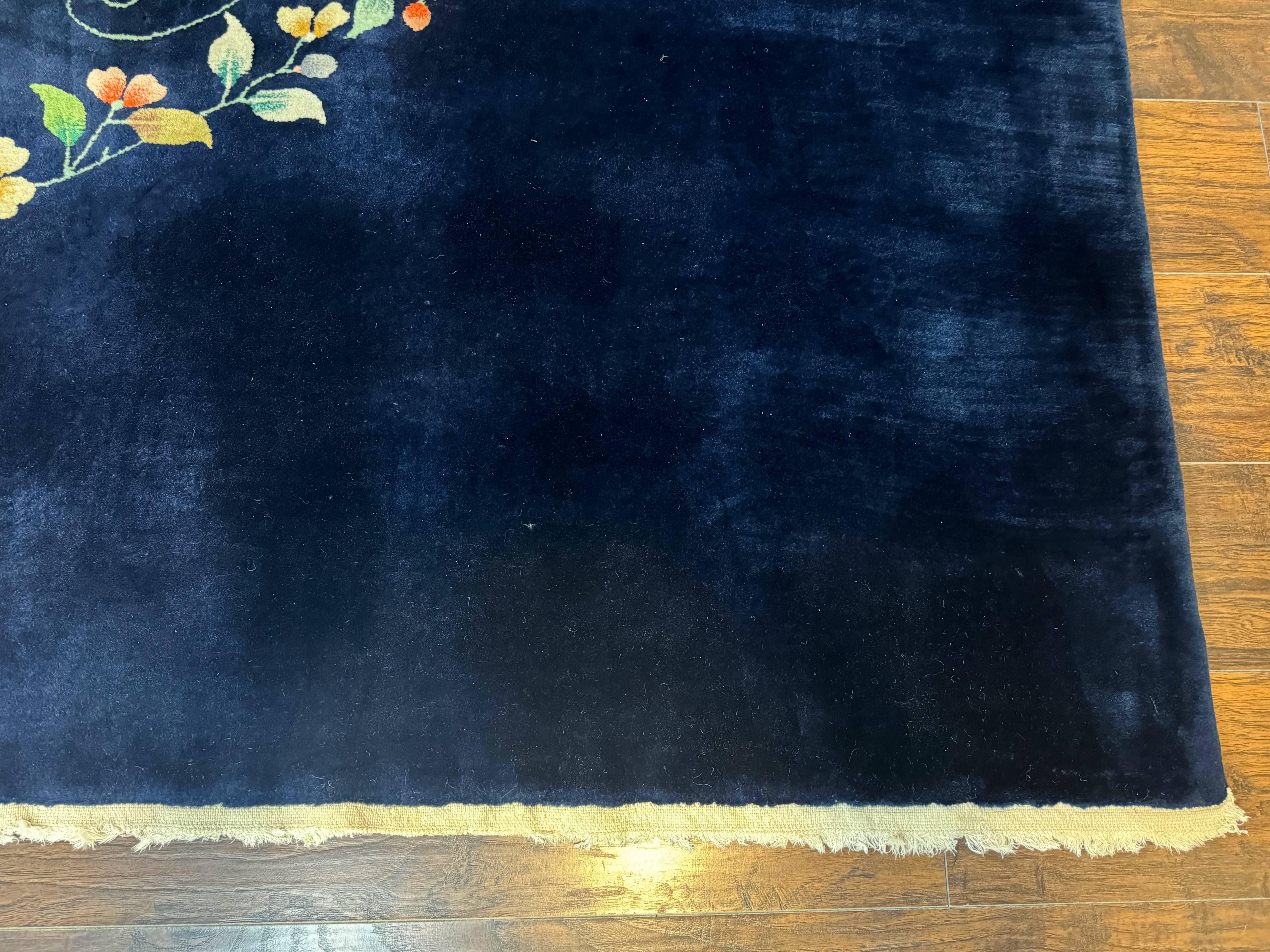 Chinese Art Deco Rug 10 x 11.5, Navy Blue Vintage Nichols Floral Wool Carpet - Jewel Rugs