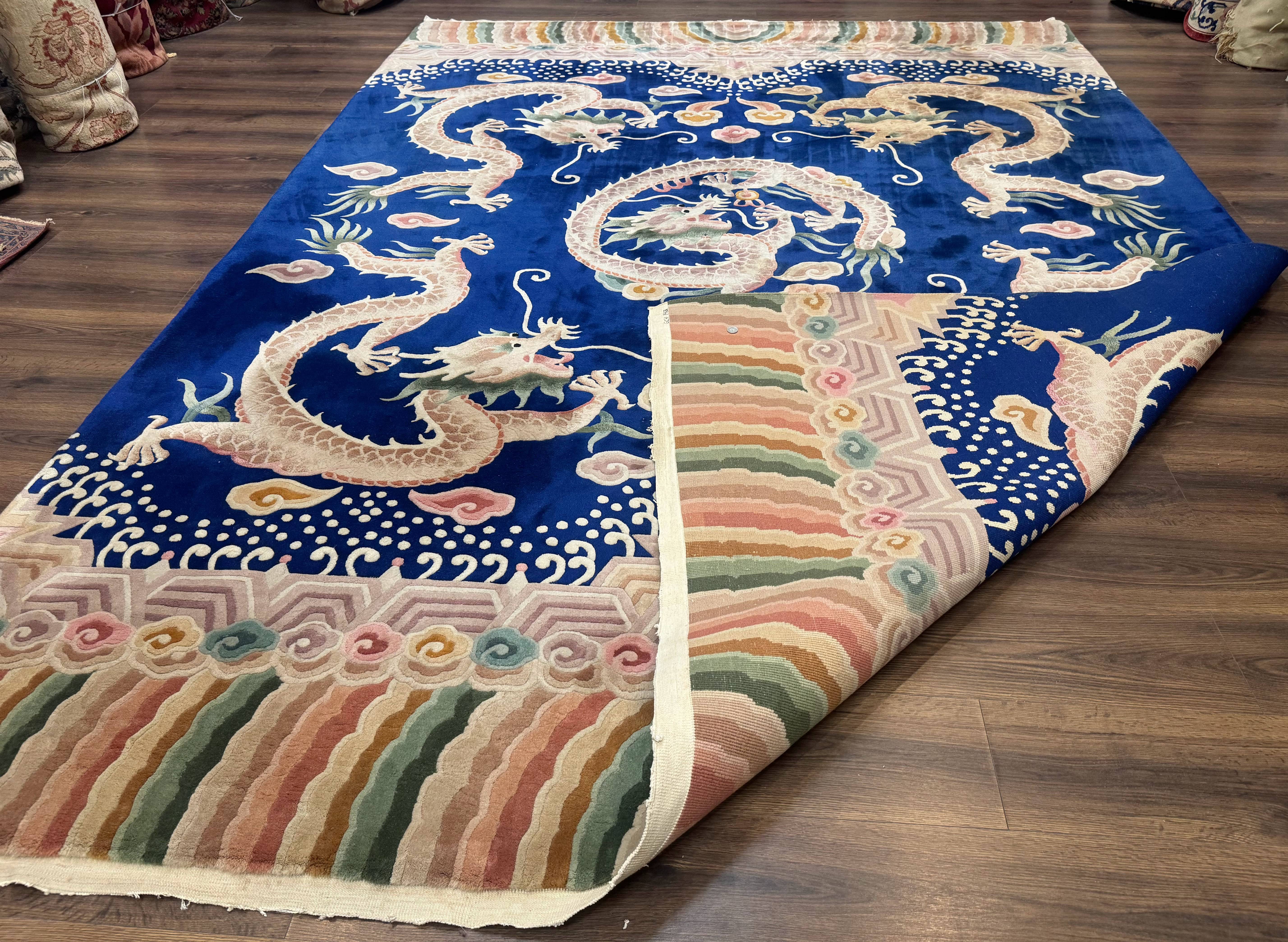Blue Chinese Rug 9x12, Dragons, Rainbow Border, Art Deco Carpet, Peking Rug, Rare - Jewel Rugs