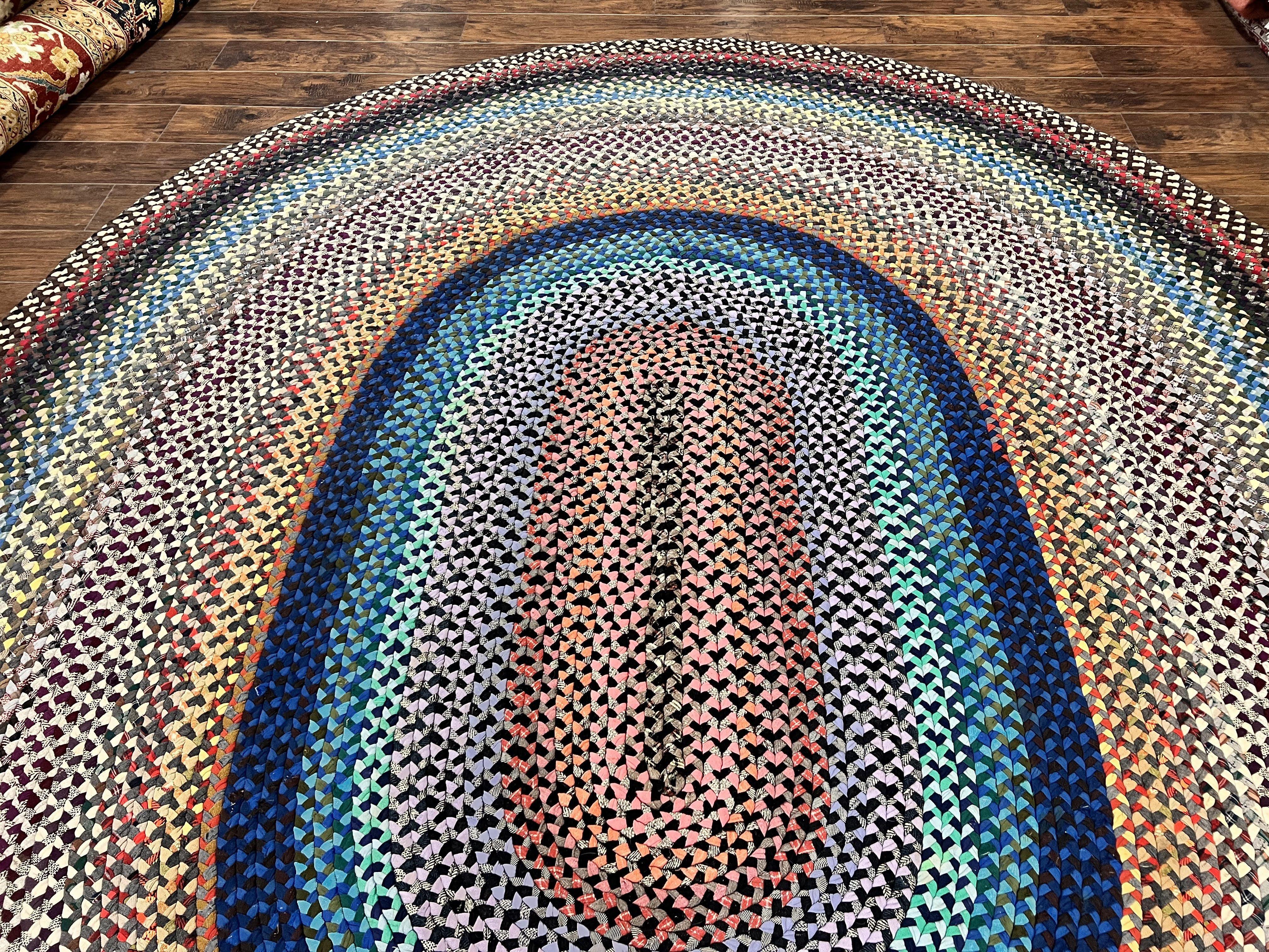 Large American Braided Rug 10x13, Colorful Wool Hand Braided Vintage Mid Century Braided Carpet, Large Multicolor Oval Braided Rug 10 x 13 - Jewel Rugs