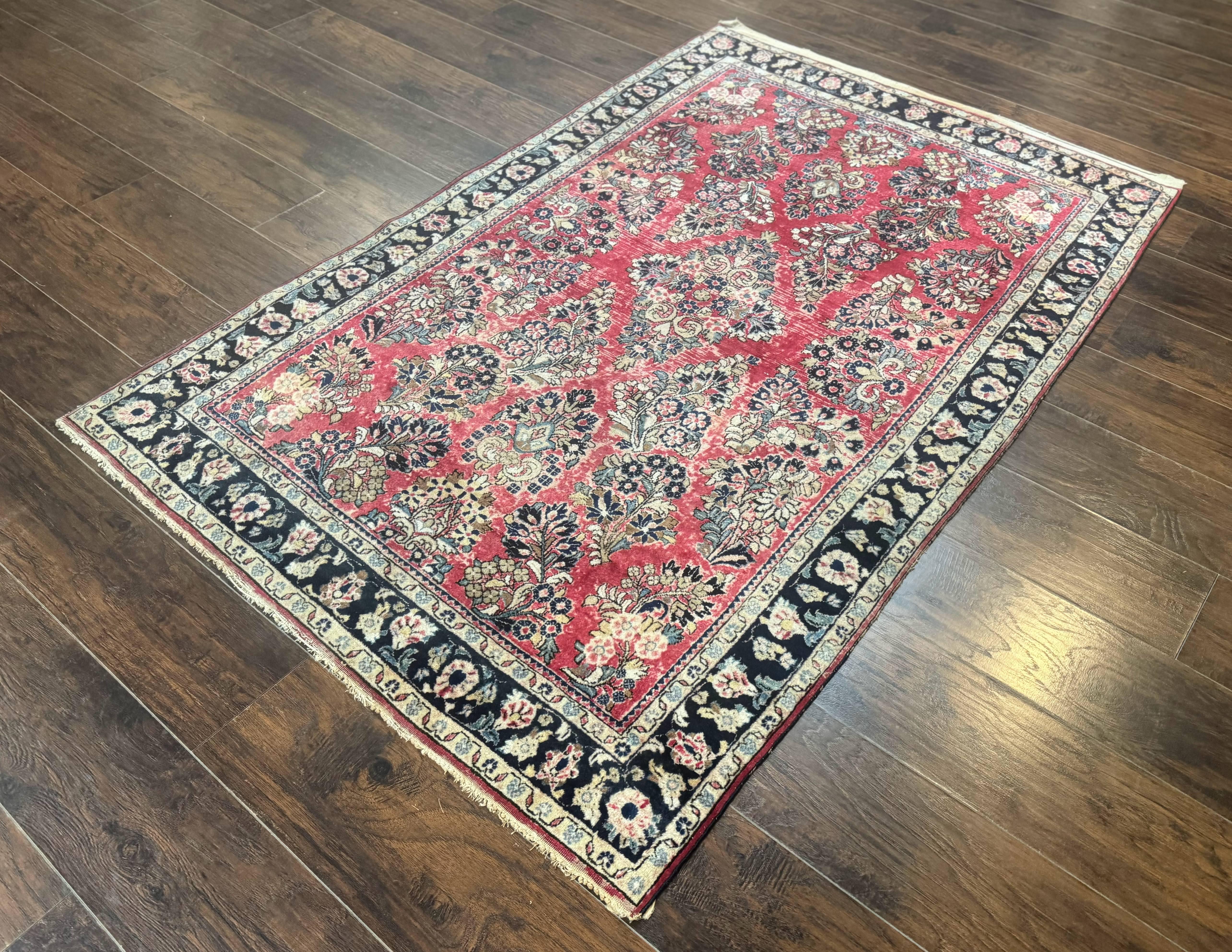Antique Persian Sarouk Rug 4x7, Floral, Red 1920s Persian Wool Carpet - Jewel Rugs