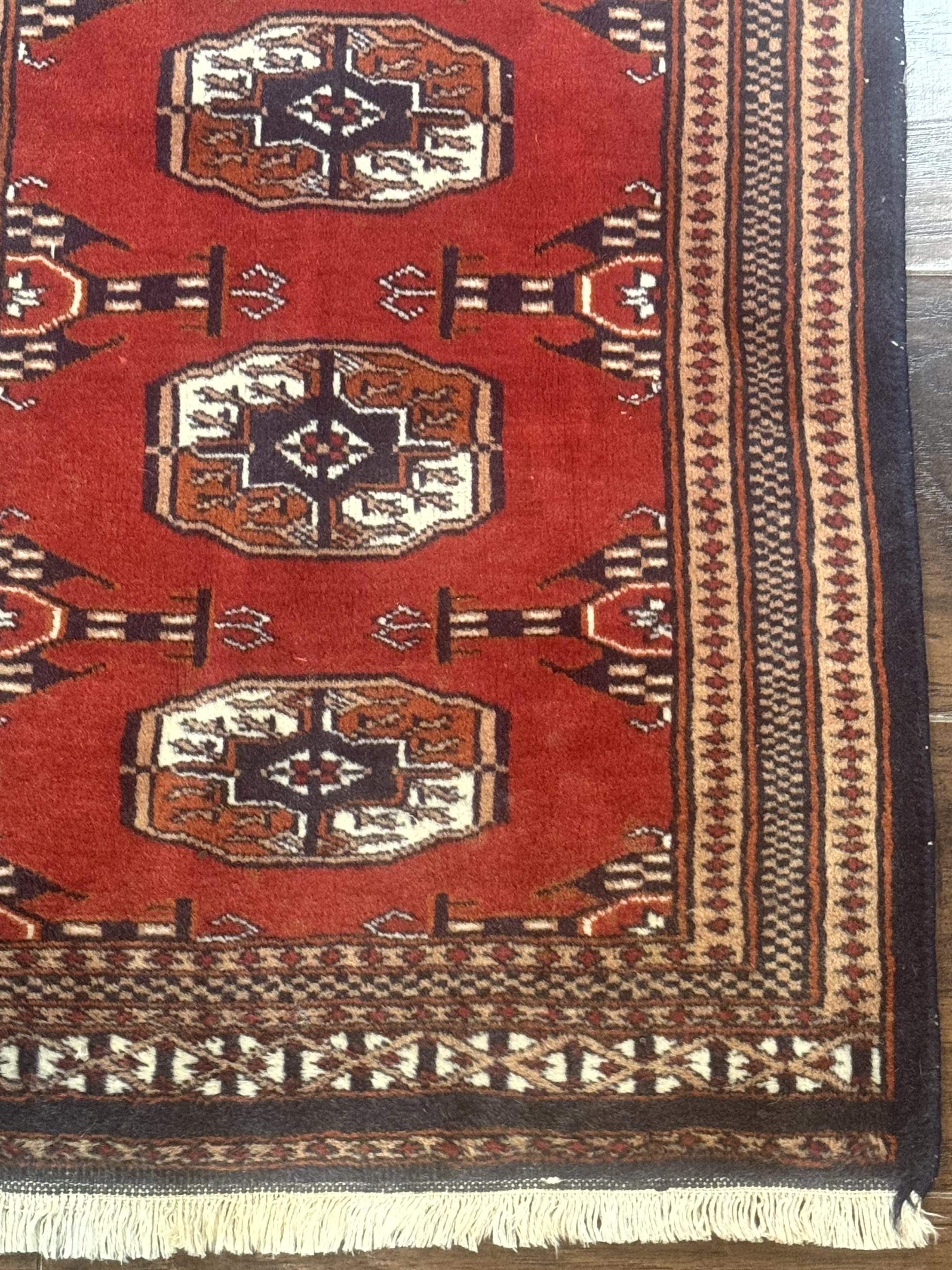 Small Pakistani Bokhara Turkoman Rug, Red, Hand-Knotted Wool Vintage Accent Rug - Jewel Rugs