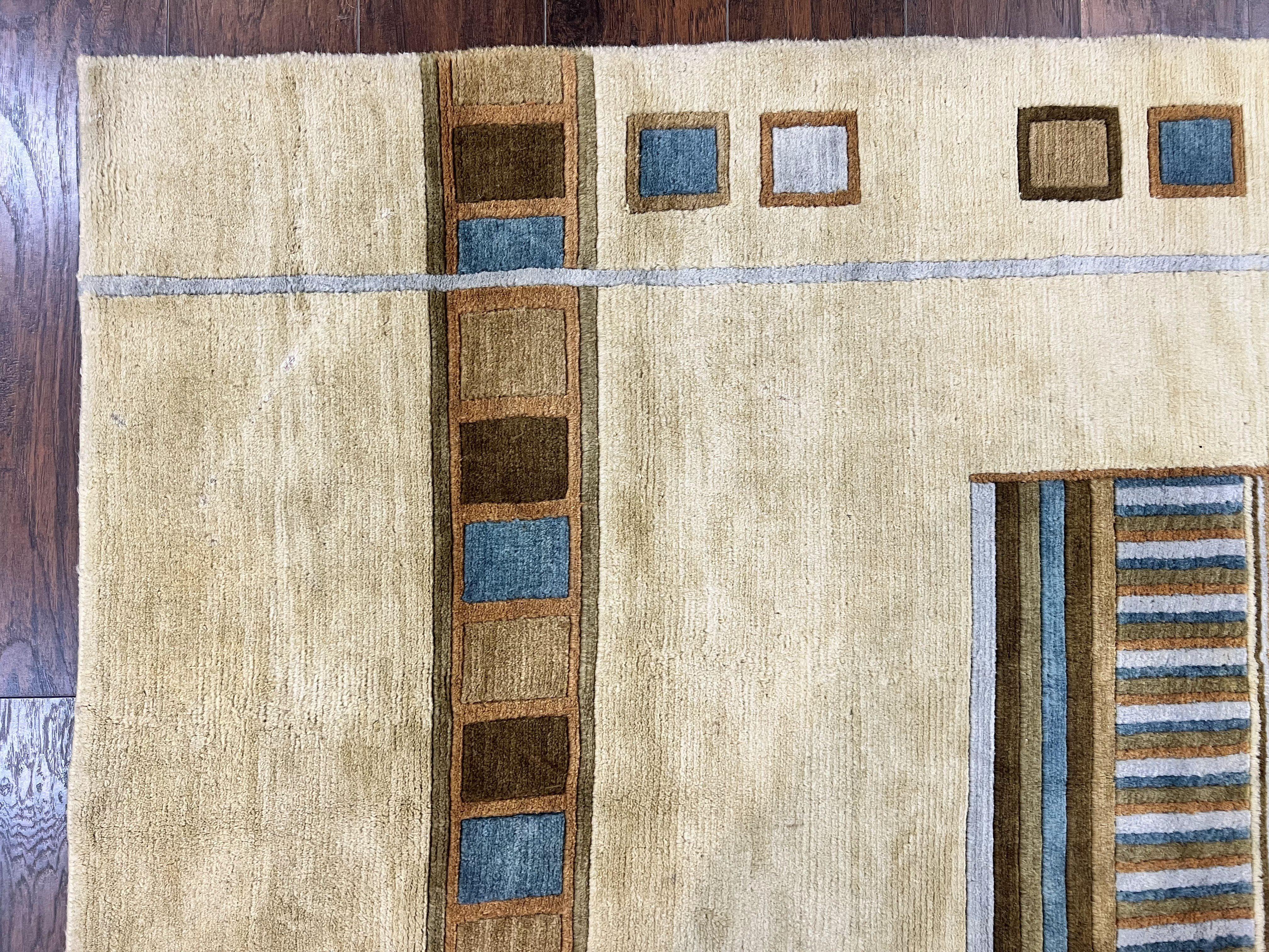 Tibetan Rug 5x8, Contemporary Rug 5 x 8 ft, Cream Brown Blue Hand-Knotted Wool w/ Silk Highlights Tibetan Carpet, Modern Rug - Jewel Rugs