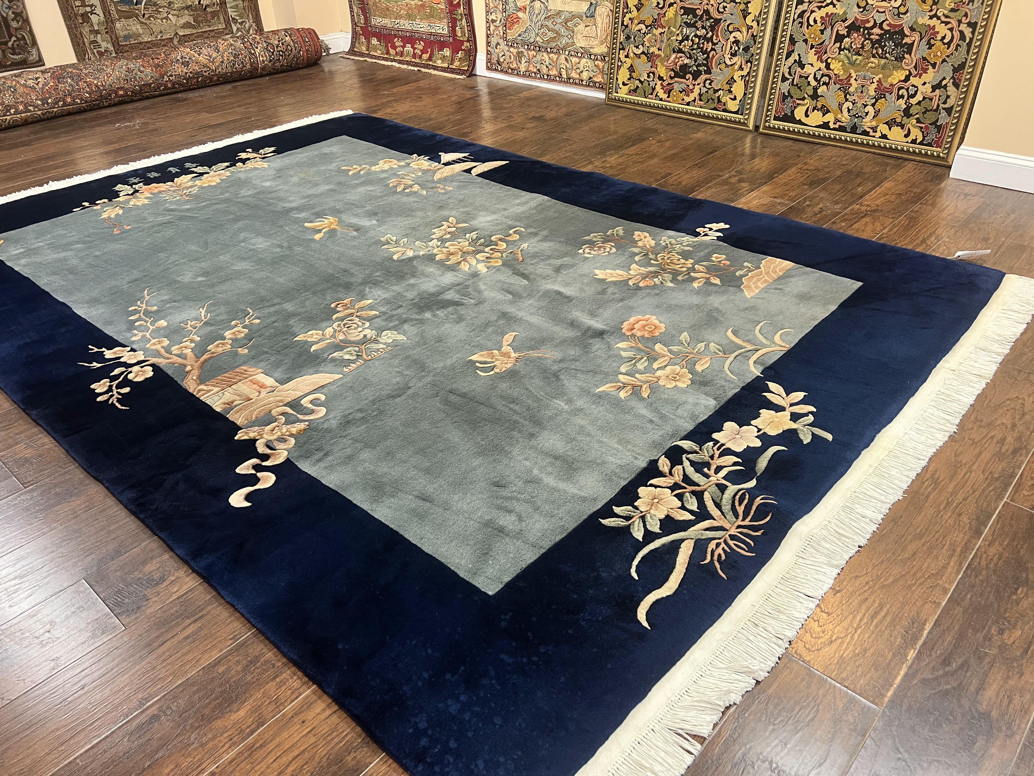 Chinese Wool Rug 9x11, Art Deco Carpet 9 x 11, Wool Handmade Vintage Carving Rug, Navy Blue & Gray, Simple Design, Signed by Masterweaver - Jewel Rugs