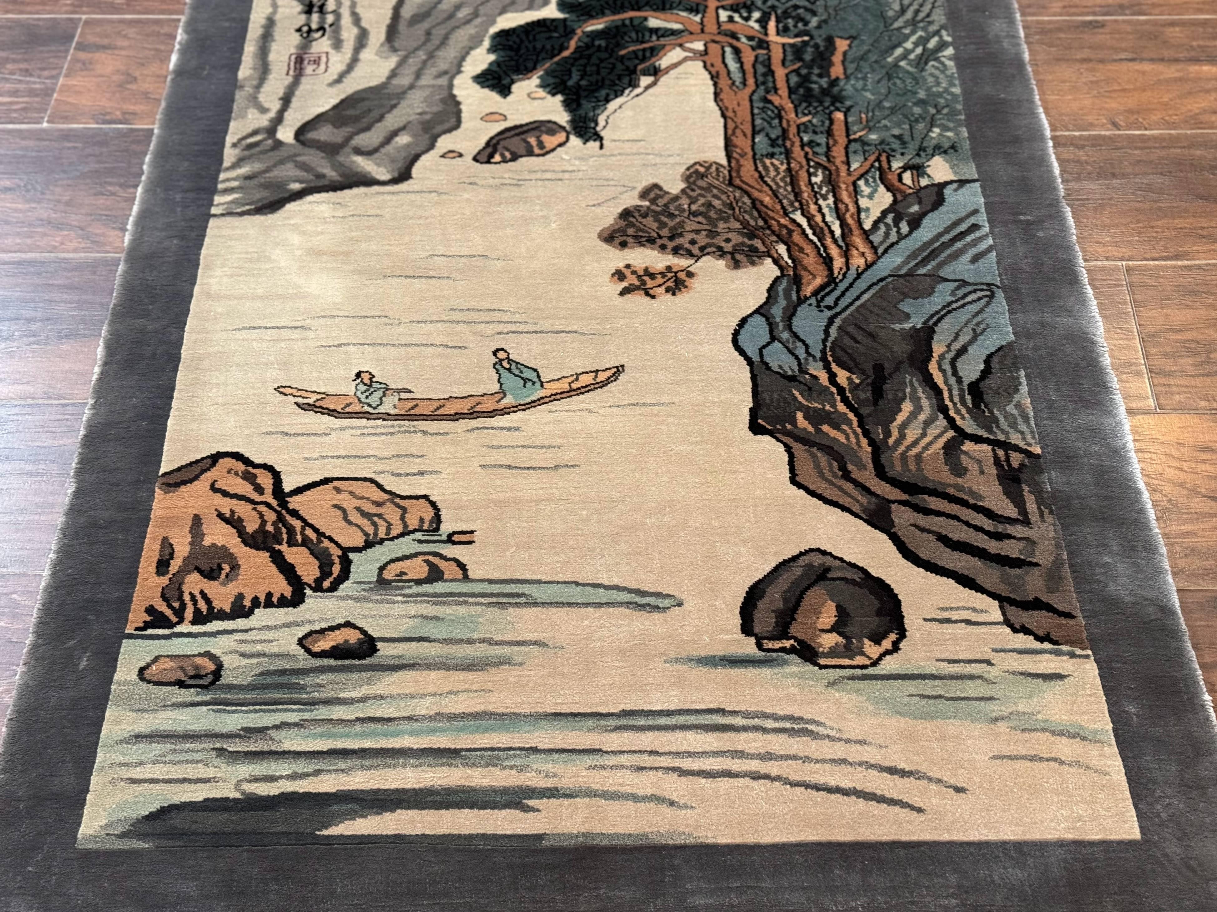 Chinese Silk Wall Hanging 3x5, Handmade, River and Boat Scene, Rug Tapestry - Jewel Rugs