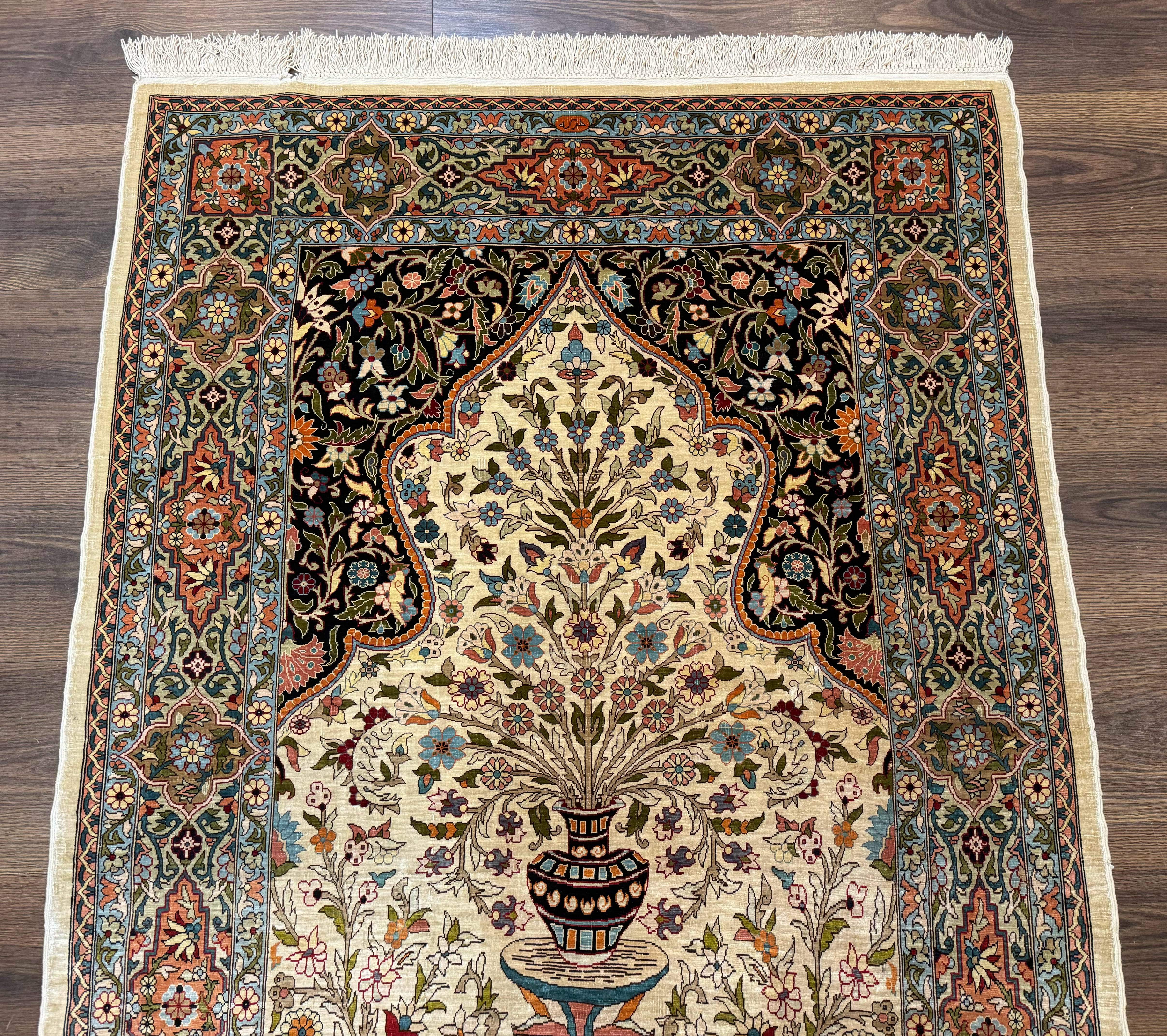 Rare Turkish Hereke Silk Rug 3x5, Tree of Life Persian Vase Design, Very Fine 440 KPSI, Signed - Jewel Rugs