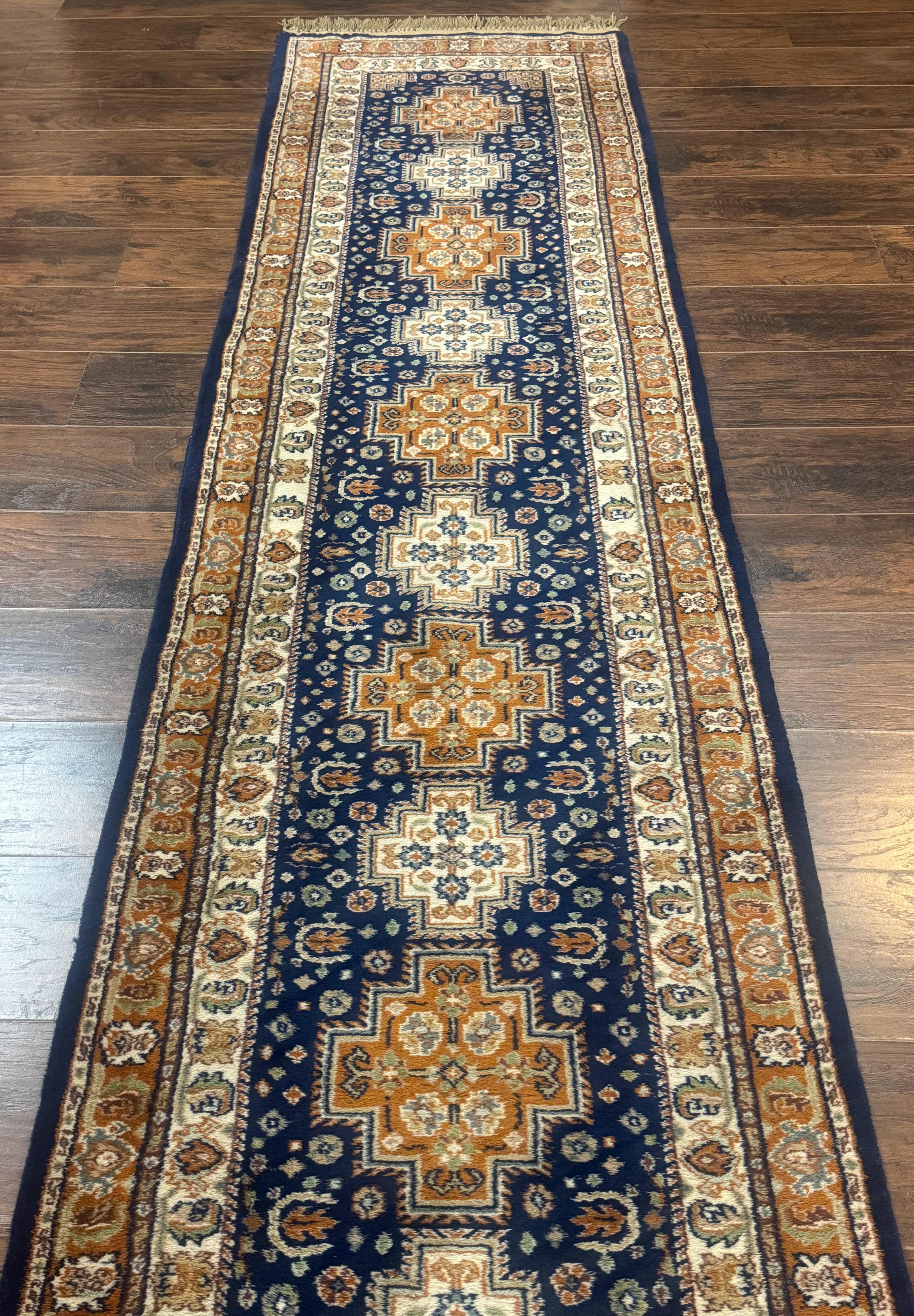 Indo Persian Runner Rug 2.6 x 12.7, Indian Kashmiri Runner for Hallway or Kitchen, Navy Blue, Geometric Medallions, Handmade Wool - Jewel Rugs