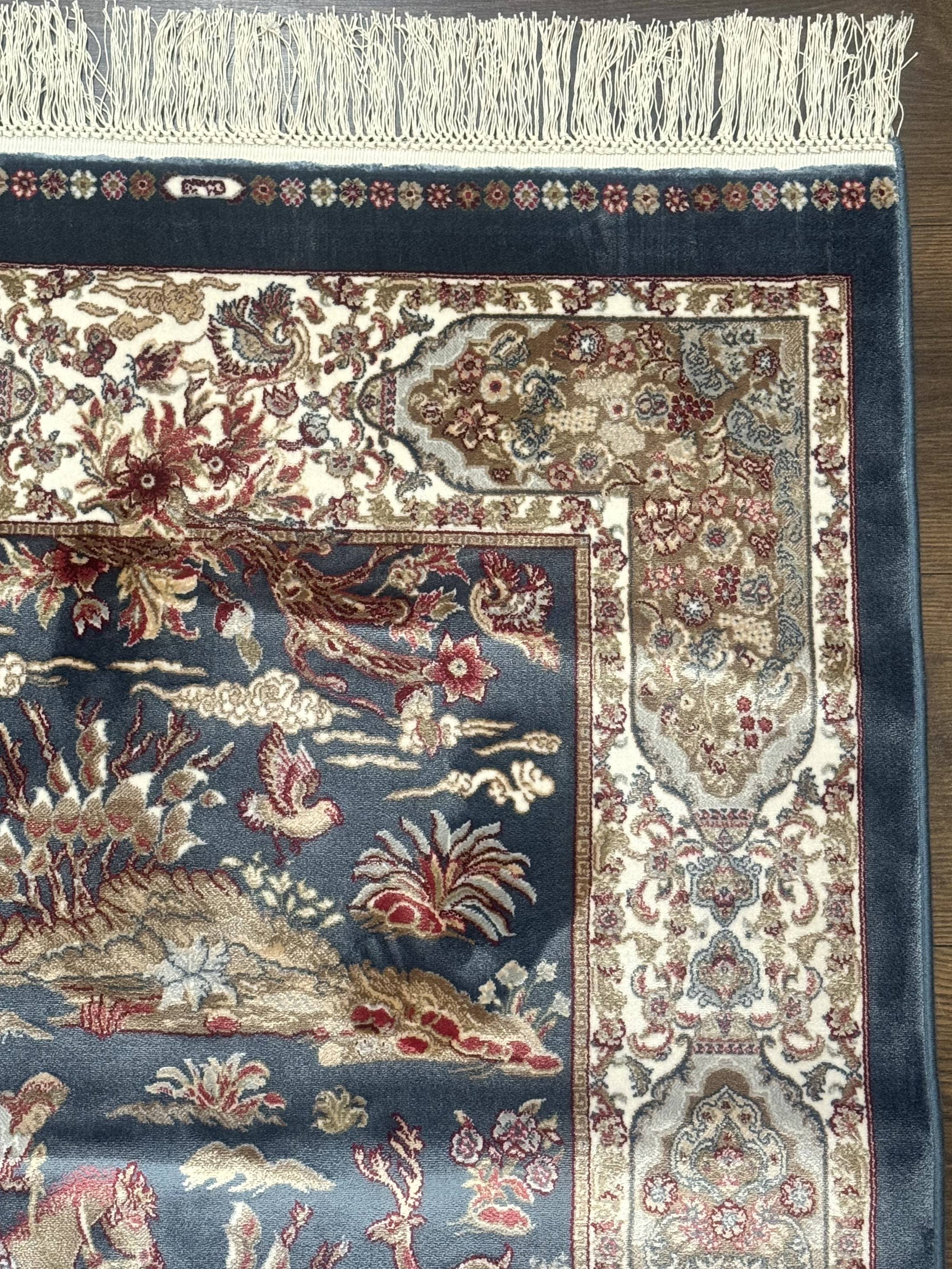 Turkish Runner Rug 2.6 x 8, Hunting Design, Blue & Ivory, Bamboo Silk, New - Jewel Rugs