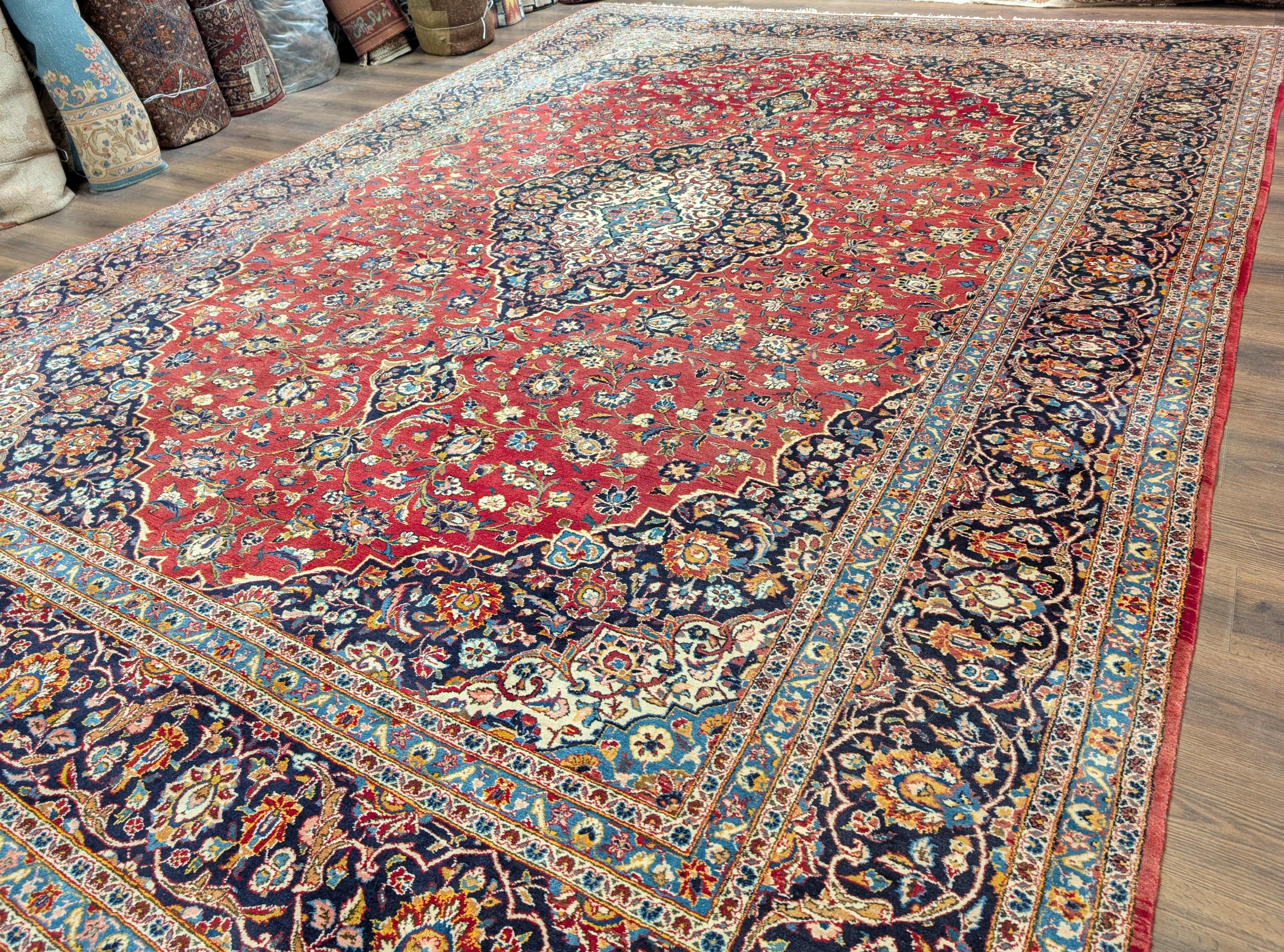 Persian Kashan Rug 10x14, Red and Navy, Hand Knotted Wool Traditional Persian Carpet, Signed By Master Weaver - Jewel Rugs