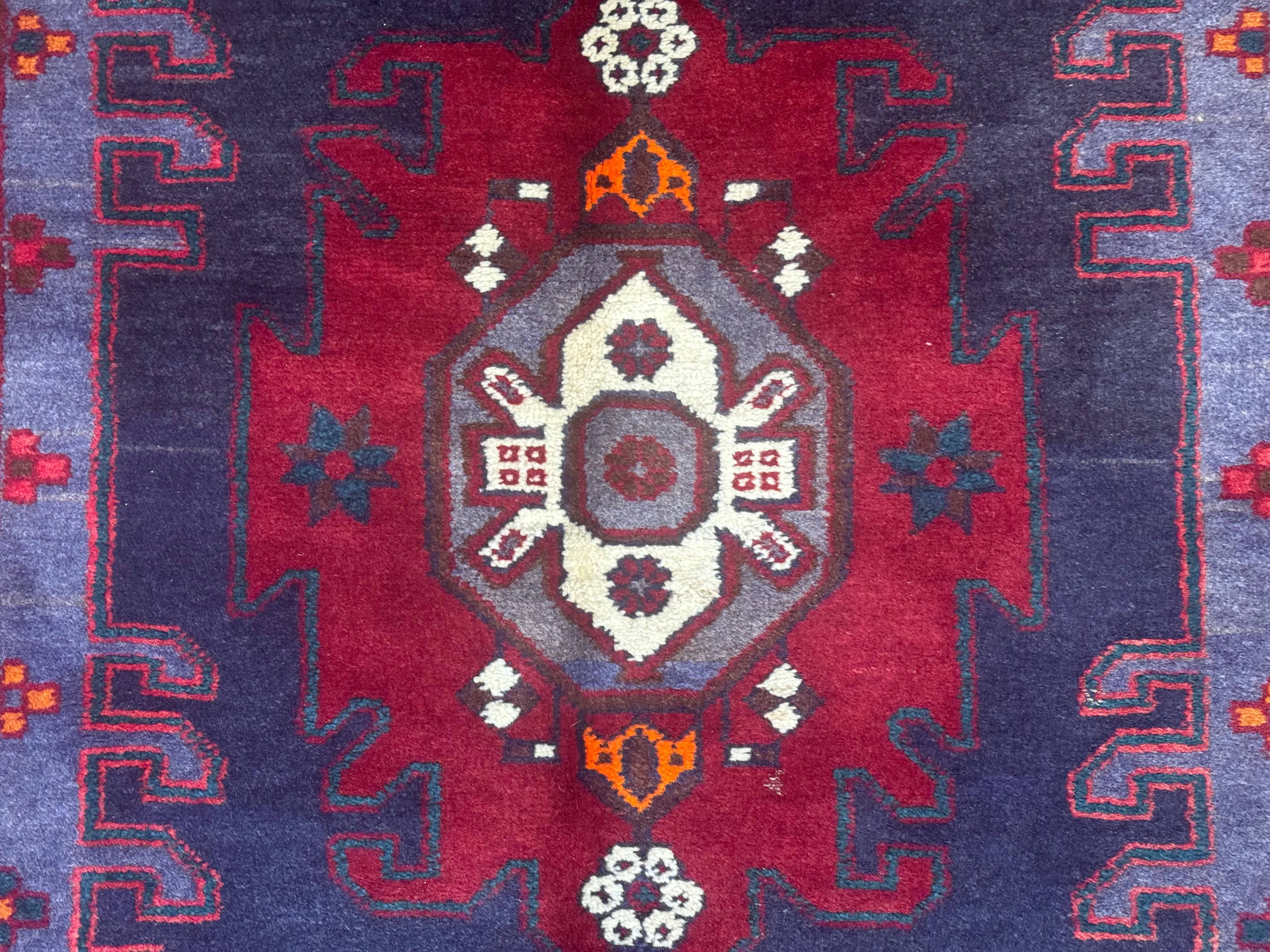 Persian Karajeh Runner Rug 3.6 x 9.5, Geometric Medallions, Tribal Village Rug, Navy Blue, Handmade - Jewel Rugs
