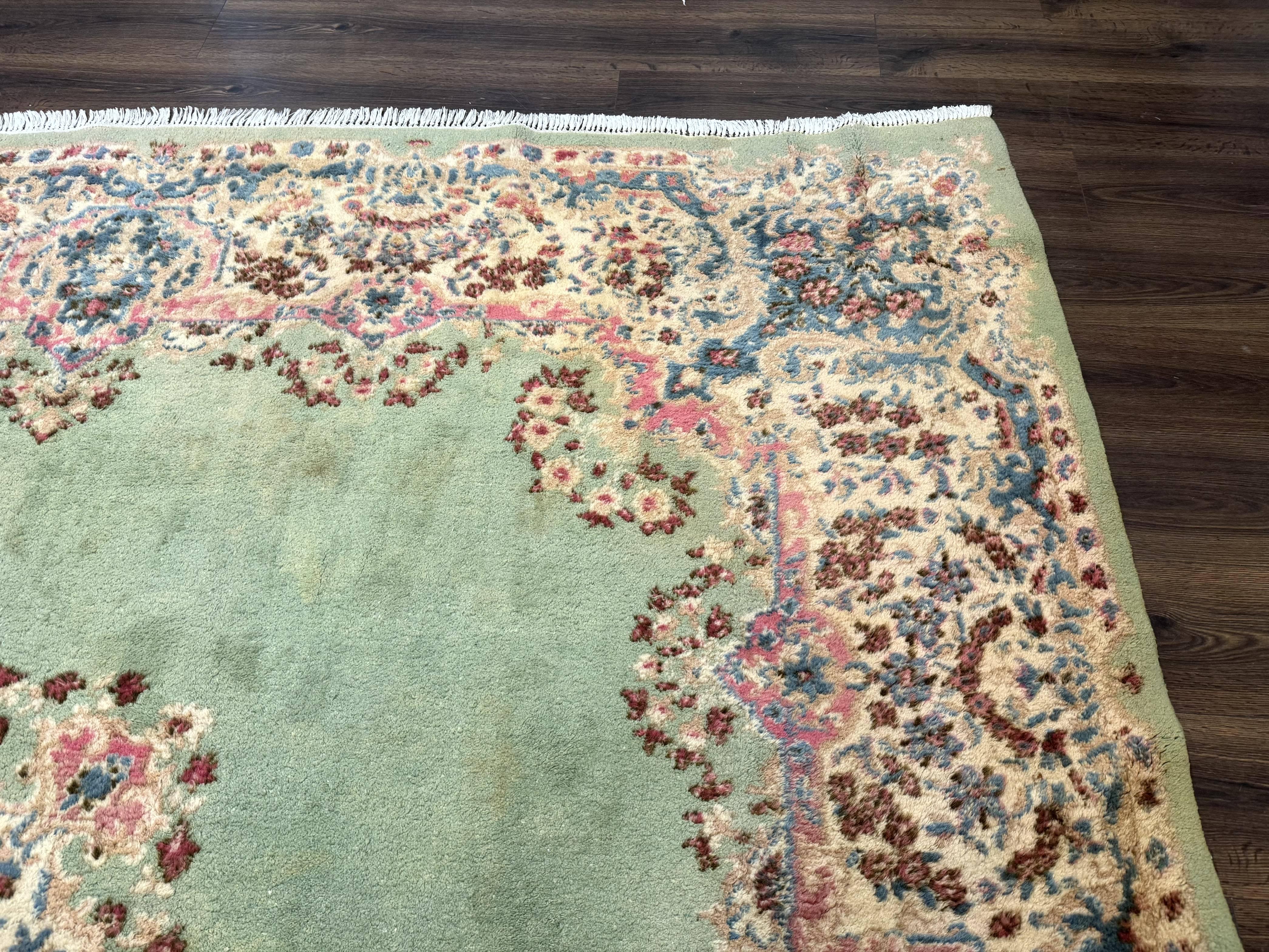 Green Persian Rug 10x10, Large Square Persian Carpet, Wool Rug, Open Field, Green and Beige Rug, Kerman Rug - Jewel Rugs