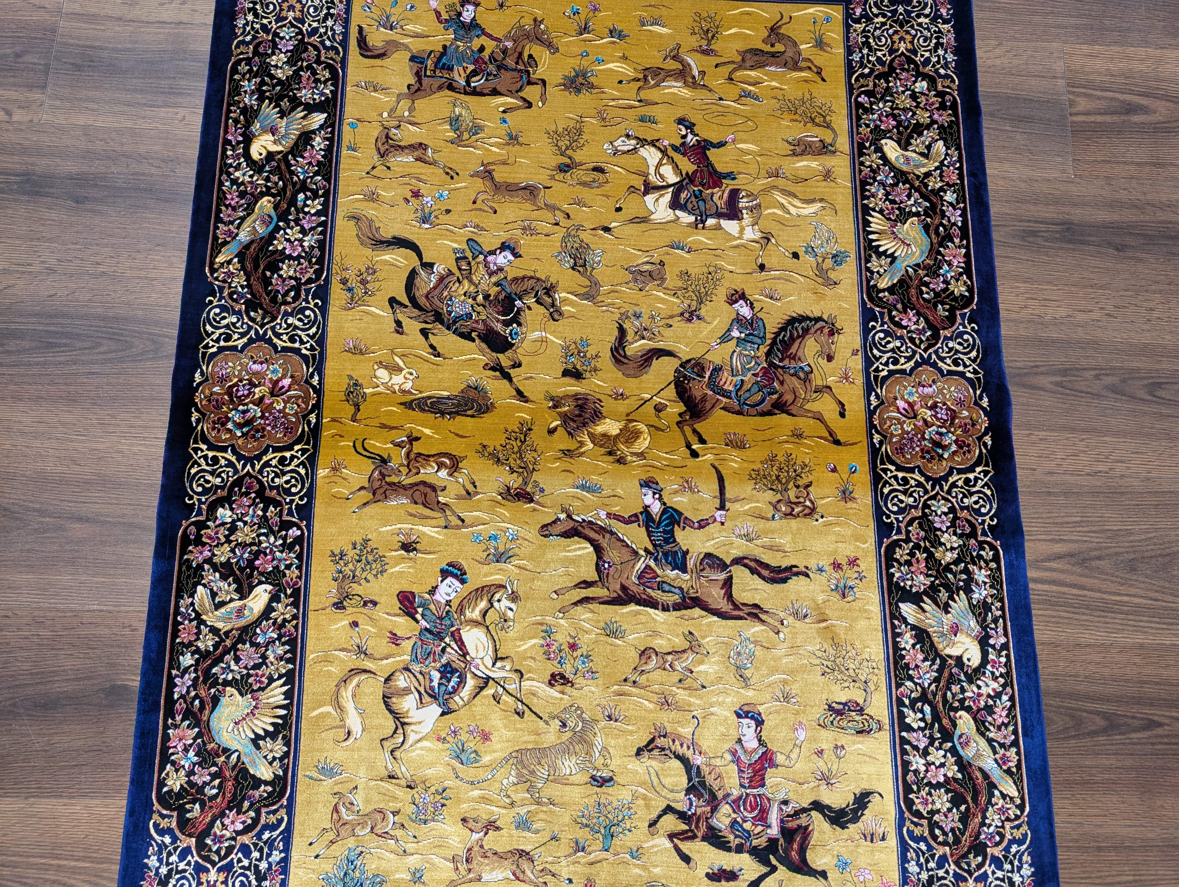 Hunting Pattern Silk Rug 3x5, Animal Pictorials, Persian Design Silk Carpet, Bamboo Silk, New - Jewel Rugs