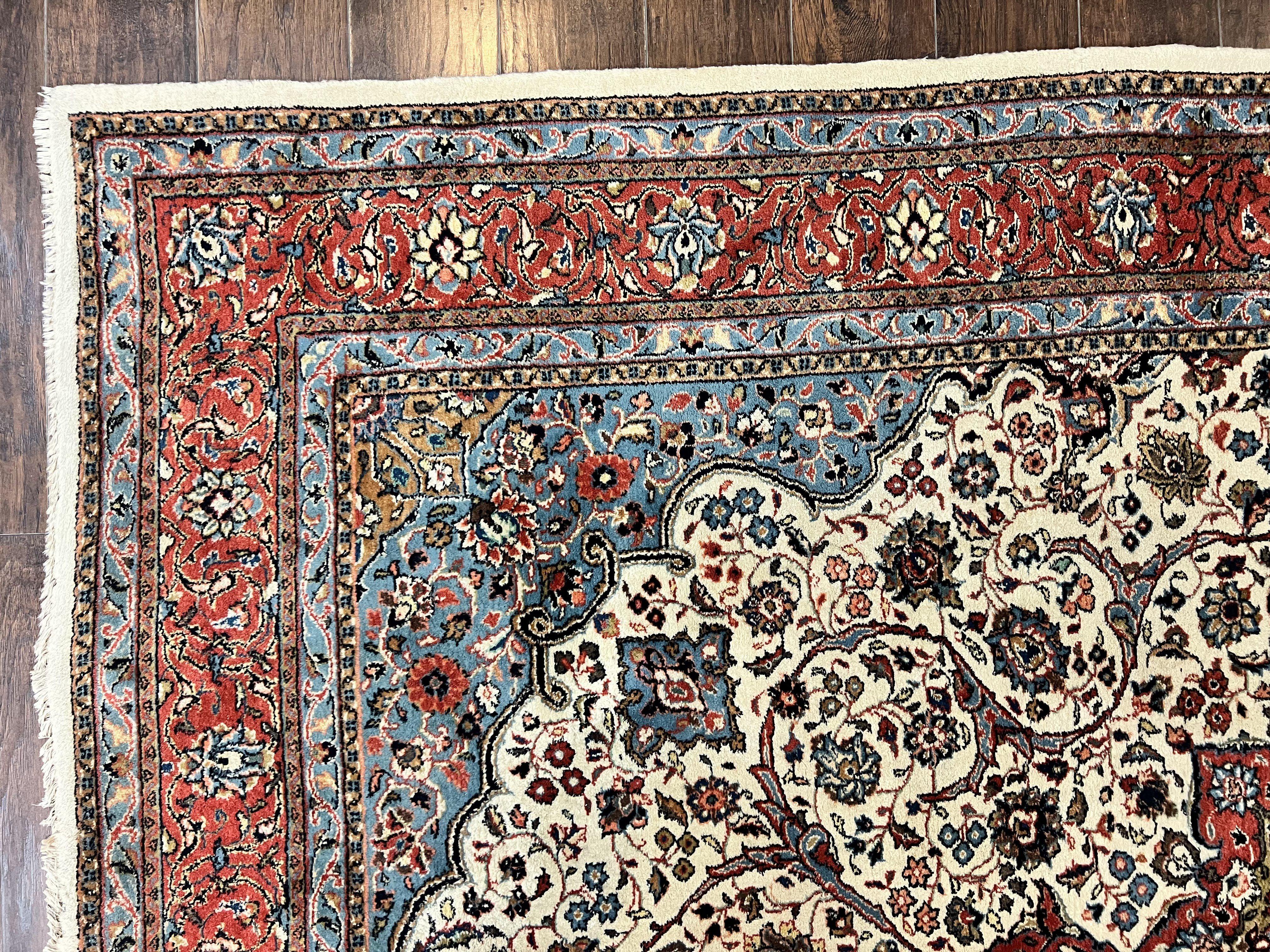 Persian Sarouk Rug 8x12, Wool Hand Knotted Antique Carpet, Floral Medallion, Cream Red, Traditional Oriental Rug - Jewel Rugs