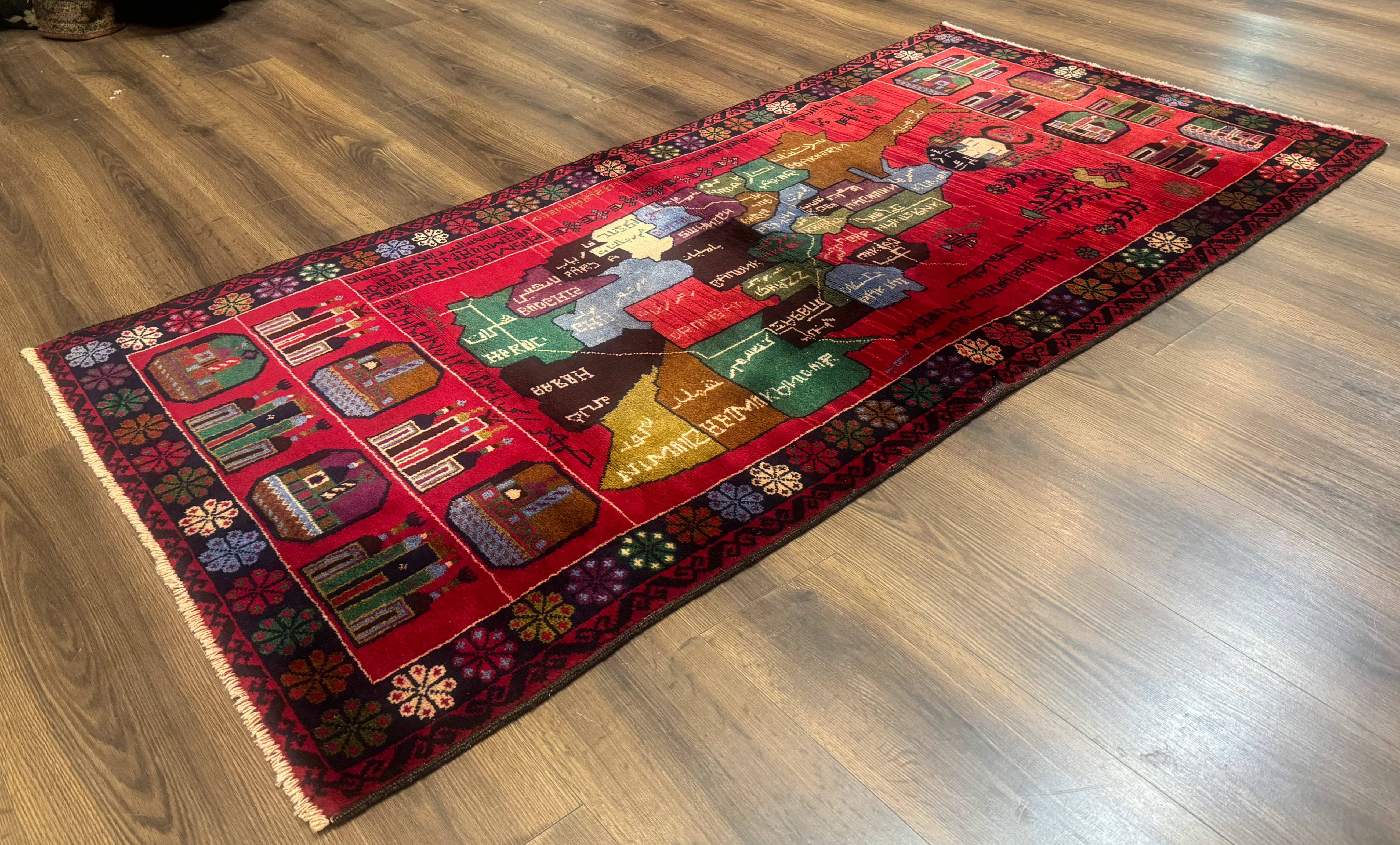 Afghan Rug 3x7, Map of Afghanistan, War Rug, Tribal Rug, Balouch Rug, New, Red - Jewel Rugs