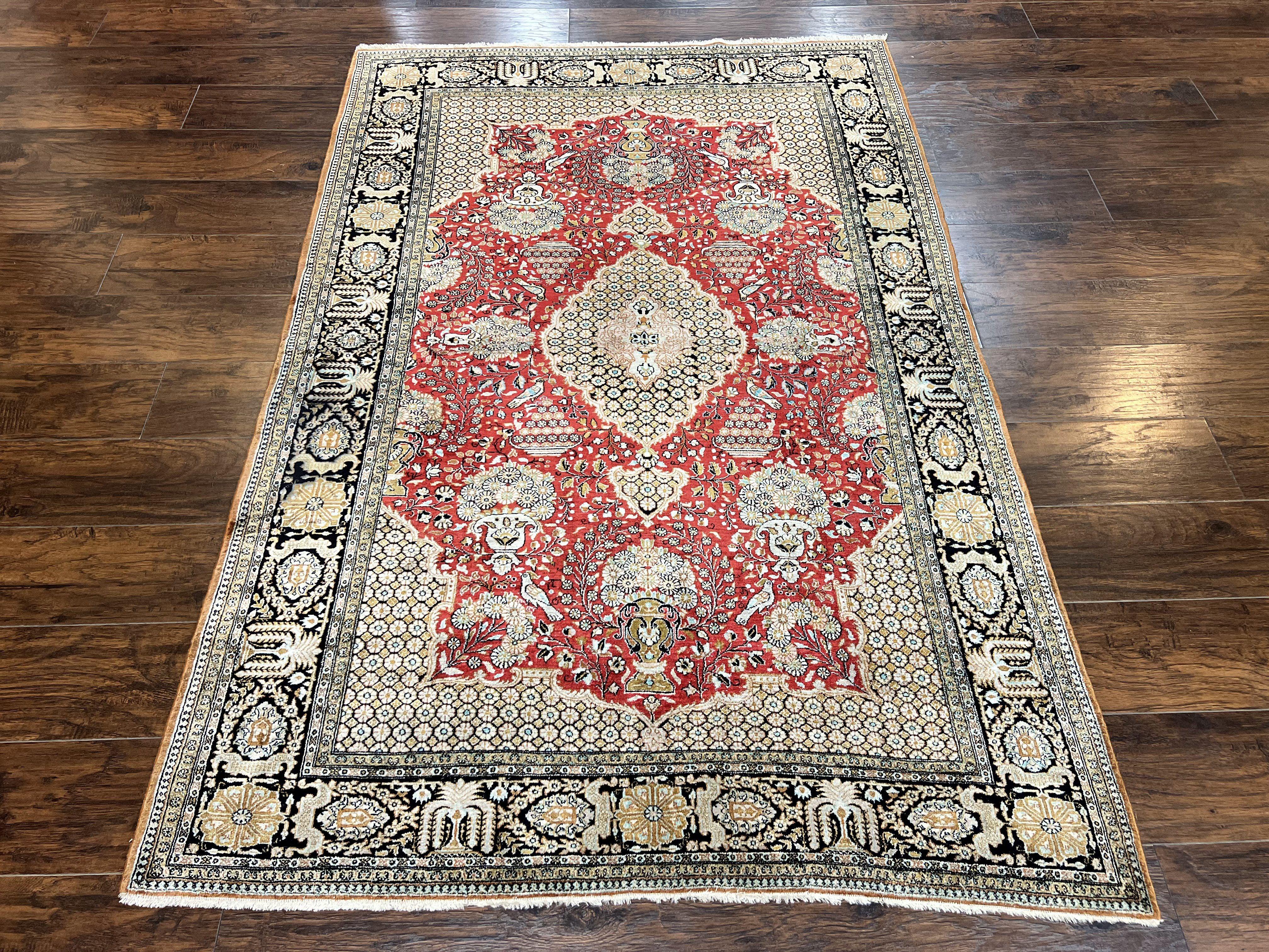 Wonderful Persian Silk Rug 5x7, Birds Floral Vases, Red, Hand Knotted Silk Fine Oriental Carpet, Handmade Vintage, Persian Qum Rug, 400 KPSI - Jewel Rugs