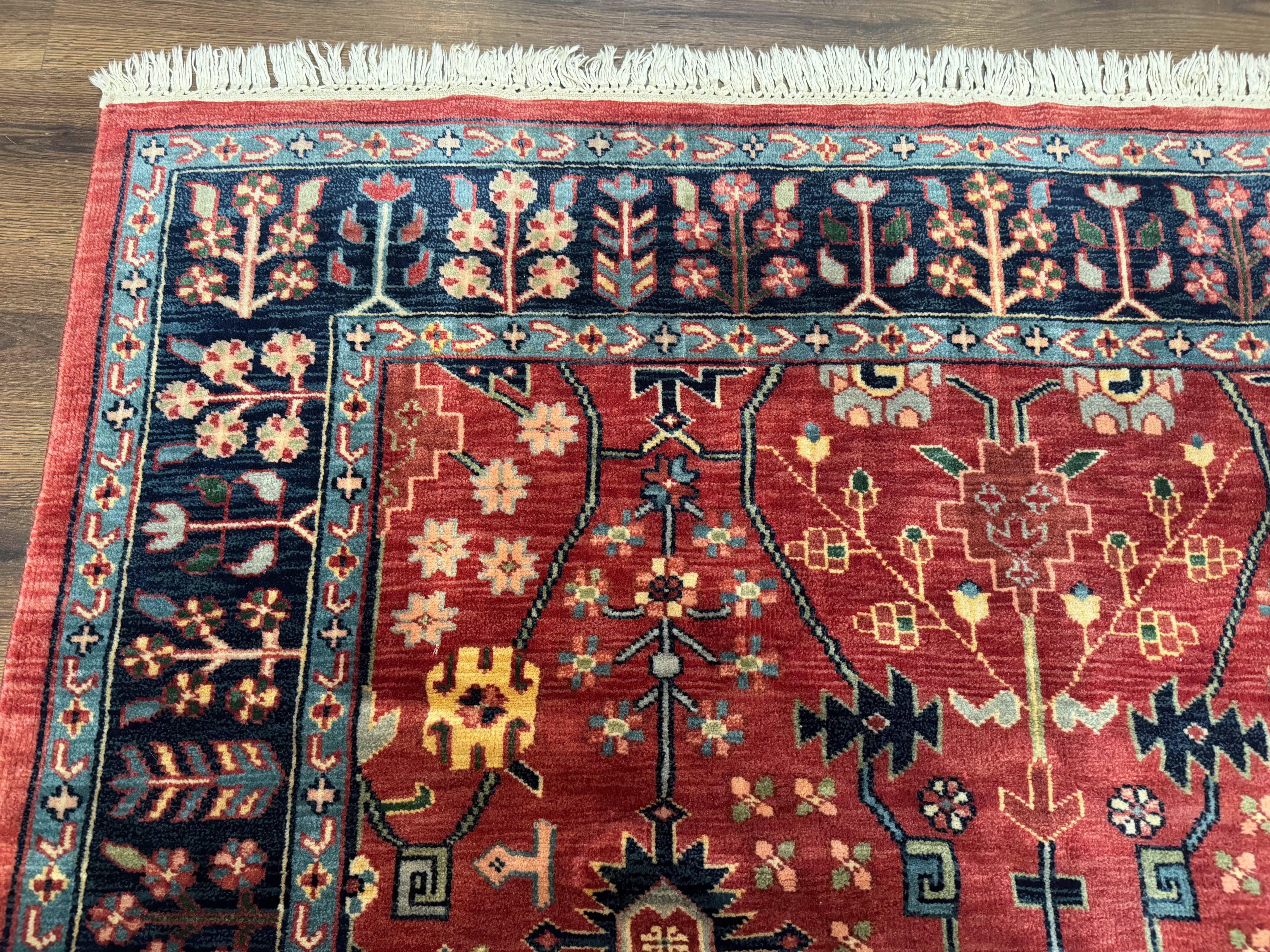 Indo Persian Heriz Serapi Rug 6x8, Rust Red and Navy Blue, Allover Pattern - Jewel Rugs
