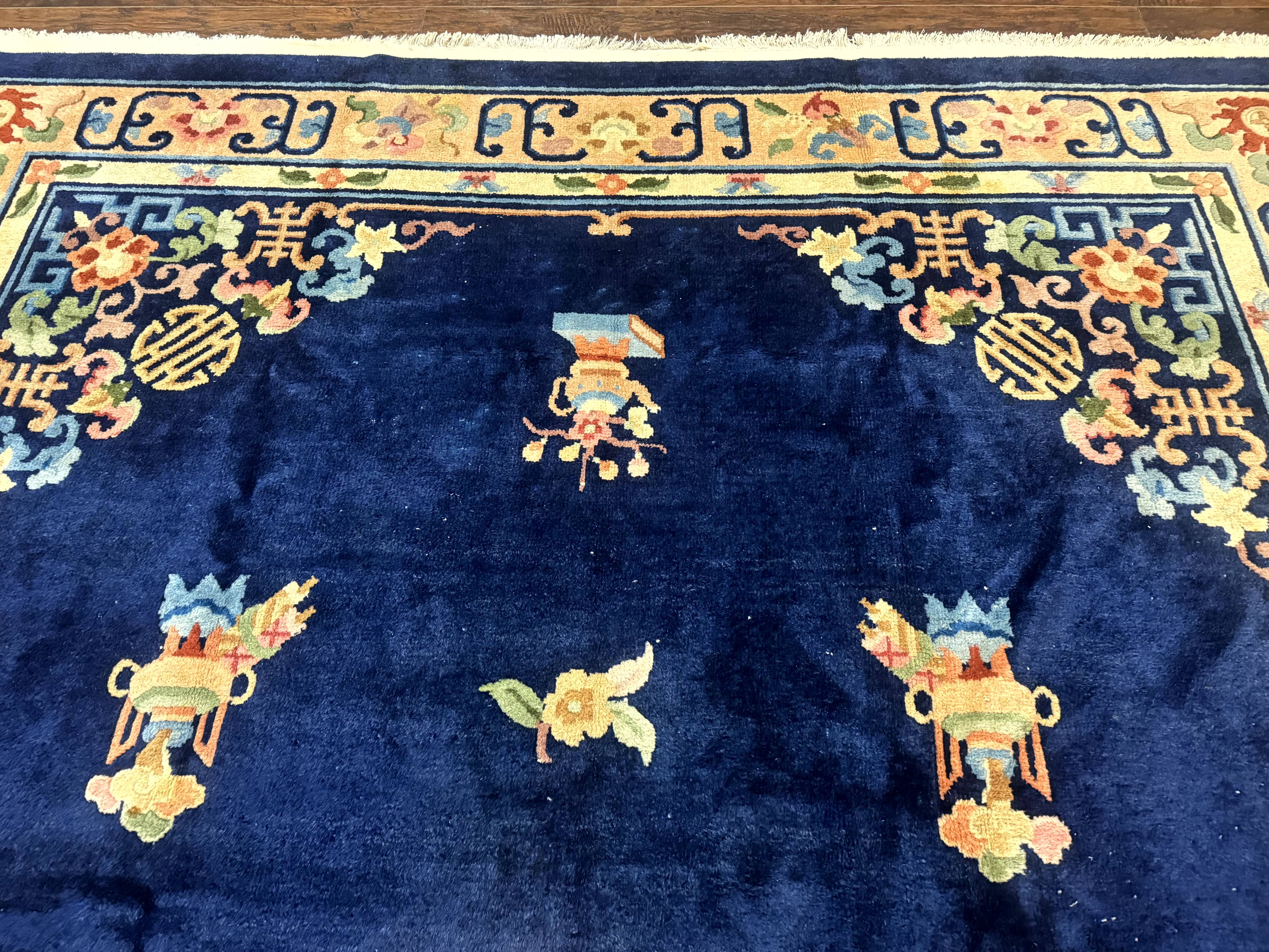 Chinese Wool Rug 8x11, Navy Blue and Beige, Simple Design, Fete Carpet - Jewel Rugs