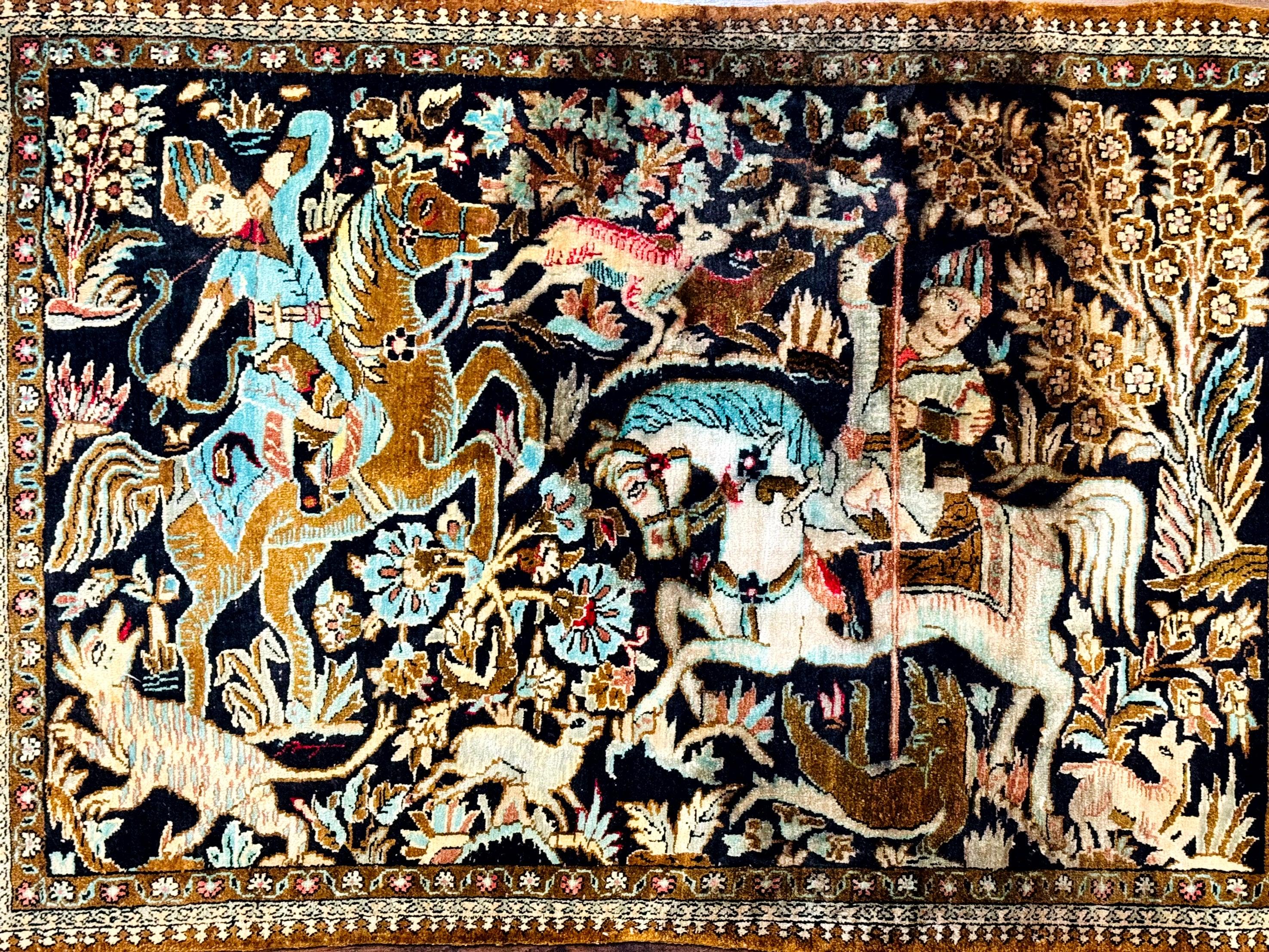 Persian Silk Qum Hunting Design Rug 2x3, Hunting Pattern, Horsemen, Silk on Silk, 330 KPSI - Jewel Rugs
