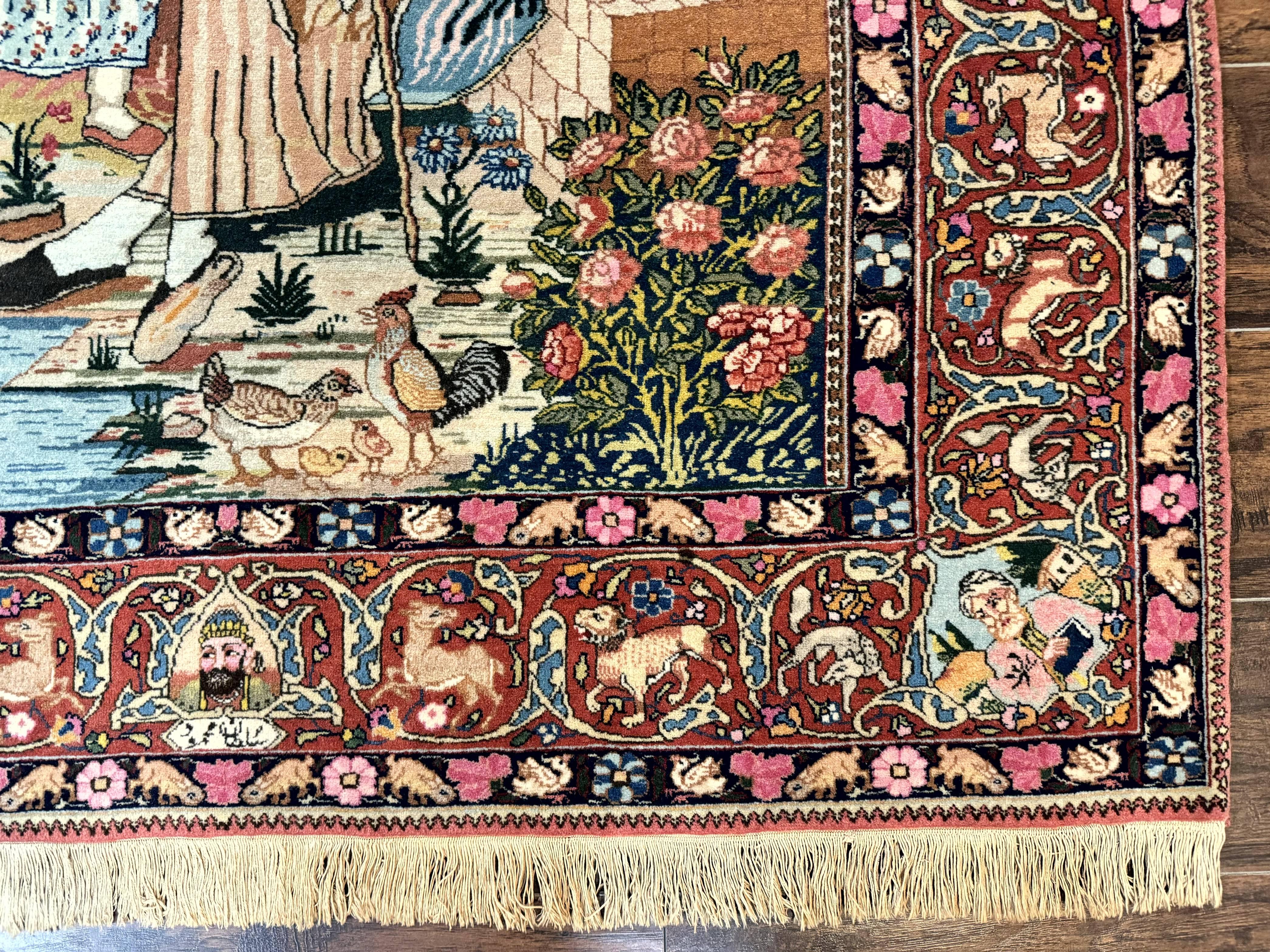 Wonderful Persian Kashan Pictorial Rug 4.7 x 6.5, Persian Rug for Wall Hanging, Handmade Antique Wool Carpet Animal Motifs Poetry Lovers, 240 KPSI - Jewel Rugs