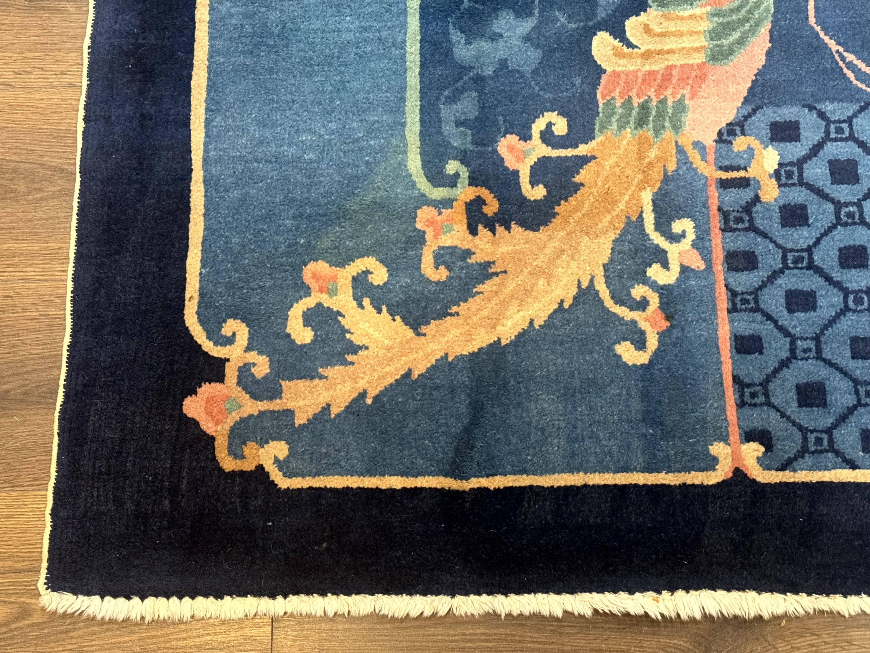 Blue Chinese Wool Rug 6x9, Chinese Peking Rug, Peacocks and Vases, Vintage Carpet - Jewel Rugs