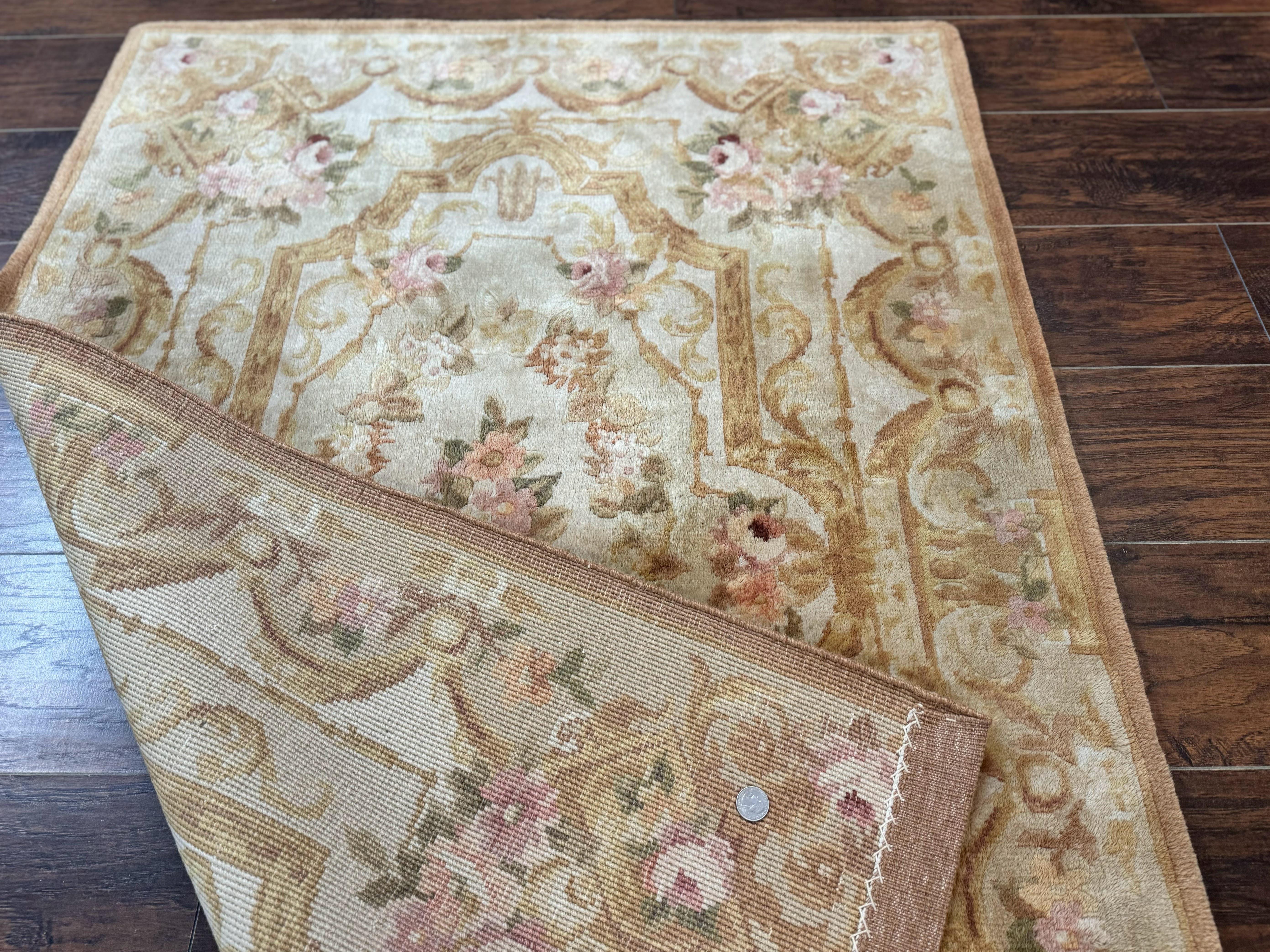 Chinese Aubusson Rug 3.6 x 5, Beige and Gold, Handmade Vintage Elegant European Design Carpet, Plush Wool, Handmade - Jewel Rugs