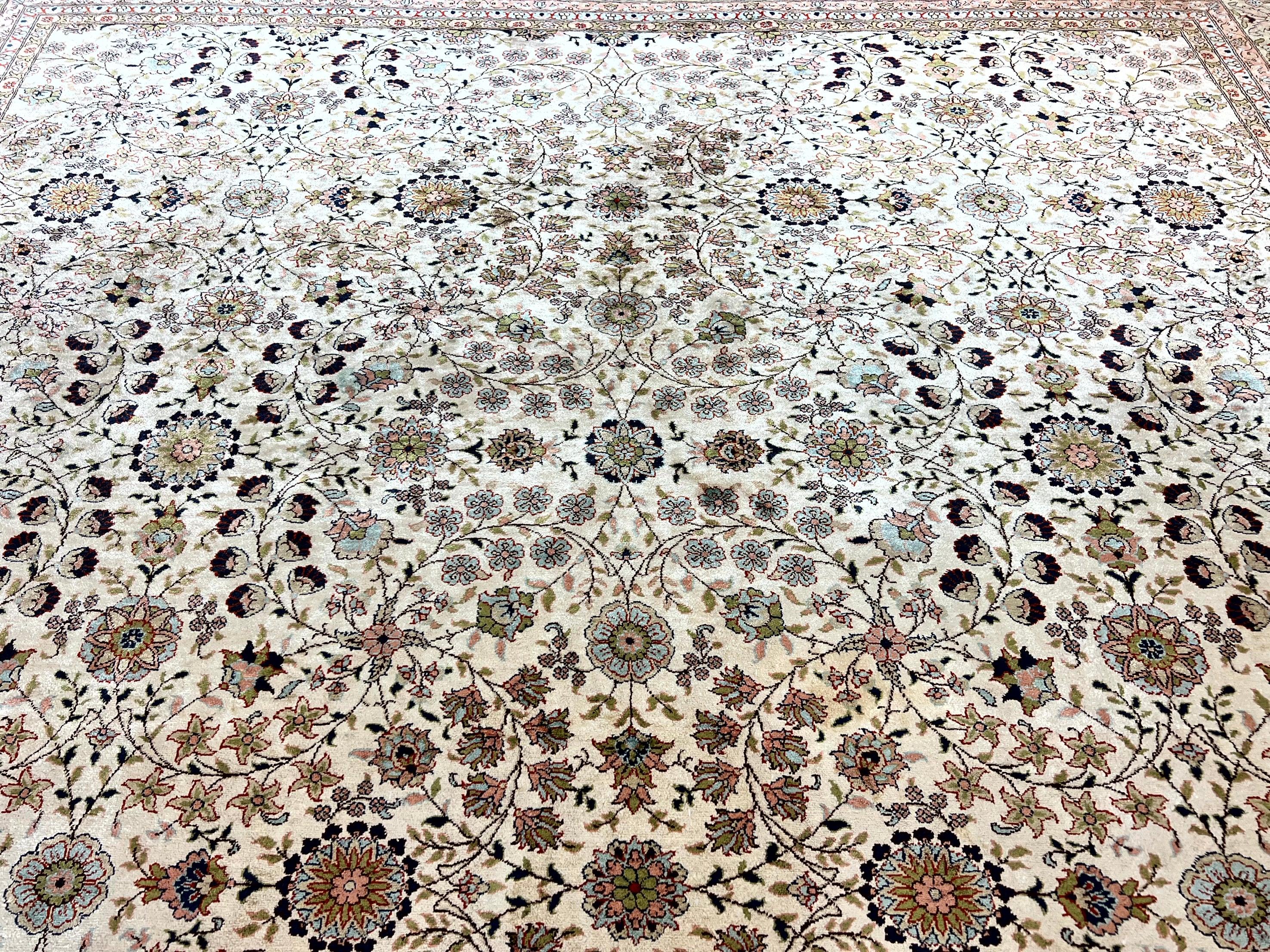 Wonderful Silk Hereke Rug 8x12, Silk Pile on Silk Foundation, Ivory/Cream, Floral Pattern, Handmade, Vintage - Jewel Rugs