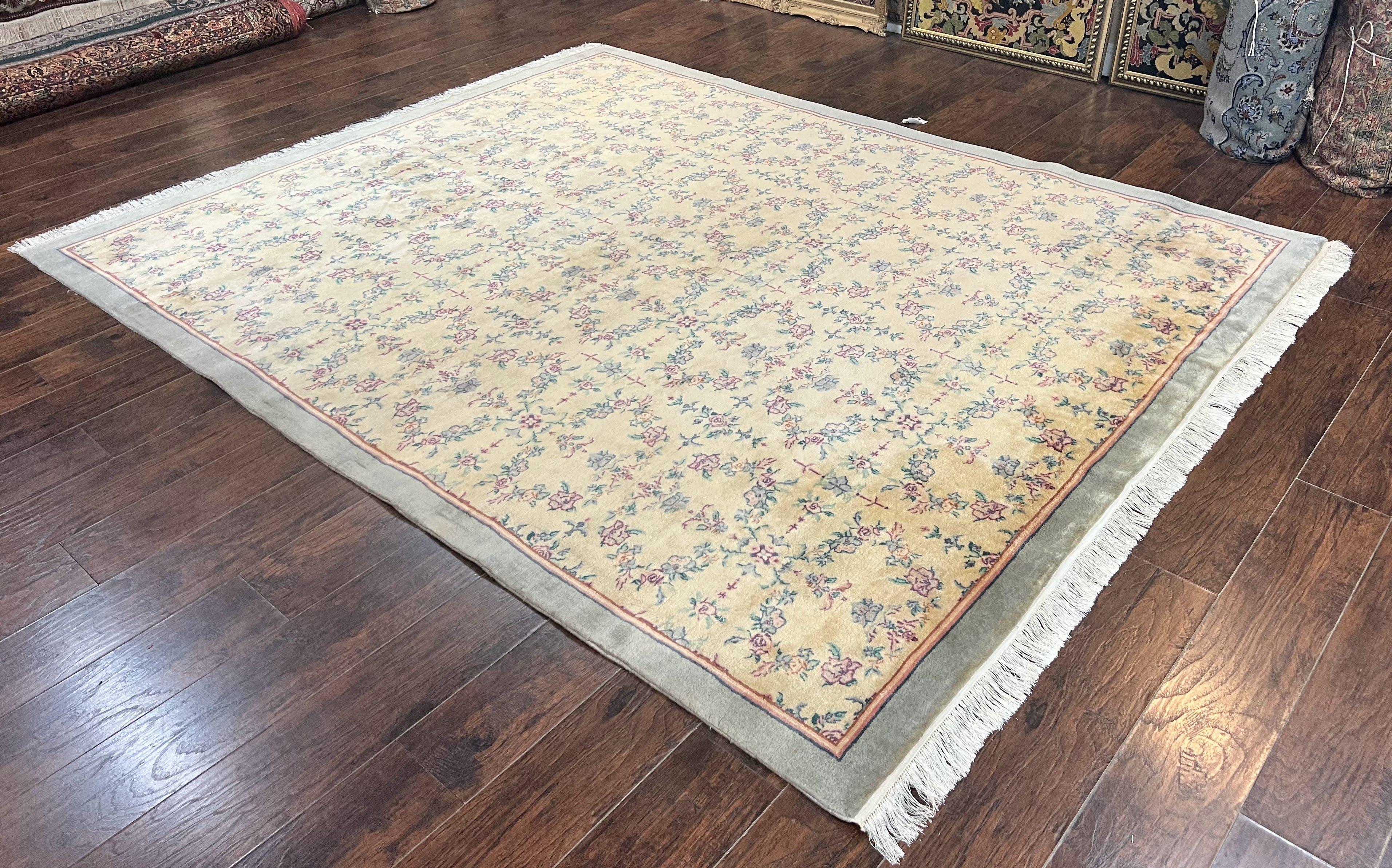 Sino Persian Rug 8x10, Floral, Oatmeal and Light Teal, Handmade Wool Vintage Carpet - Jewel Rugs