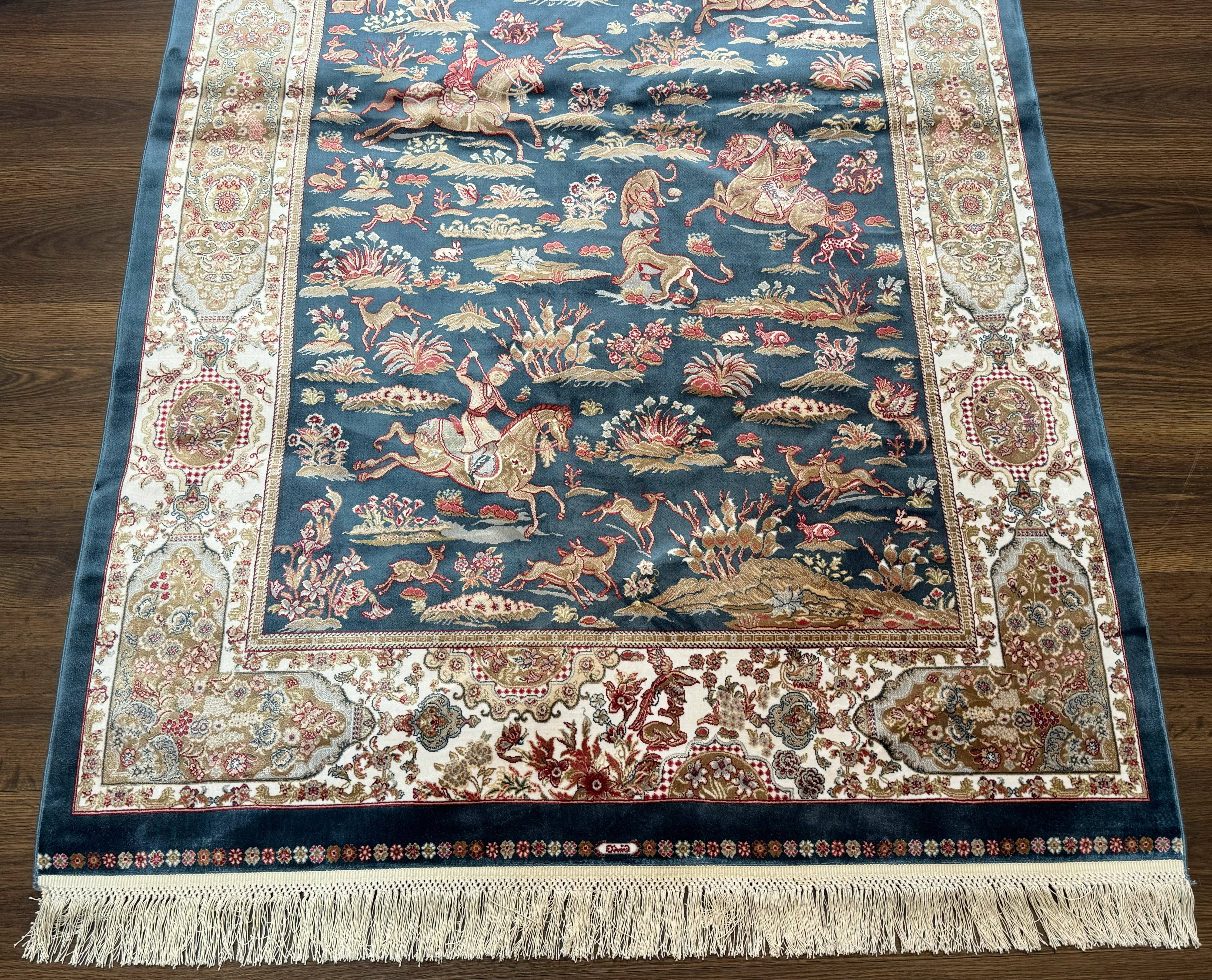 Turkish Silk Hunting Design Rug 4x6, Dark Steel Blue & Ivory, Bamboo Silk, New - Jewel Rugs