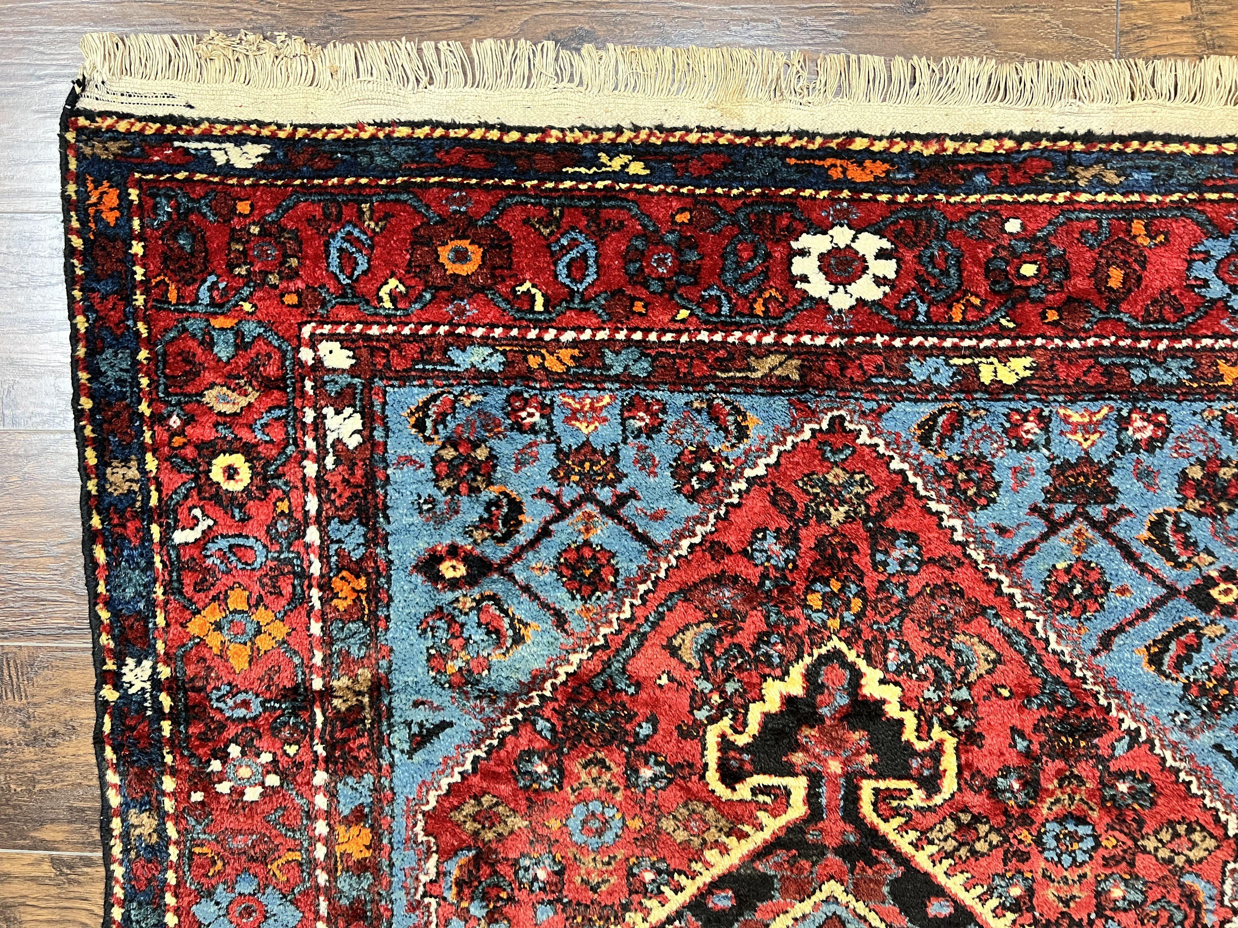 Antique Persian Tribal Rug 4x7, Wool Handmade 1920s Carpet, Red Blue, Persian Hamadan Rug - Jewel Rugs